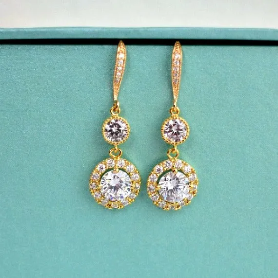 Gold Halo Clear Long Cubic Zirconia Drop Post Earrings. Round Solitaire Halo Cubic Zirconia Earrings. Bridal Drop Dangle Wedding Earrings.