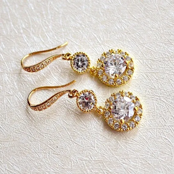 Gold Halo Clear Long Cubic Zirconia Drop Post Earrings. Round Solitaire Halo Cubic Zirconia Earrings. Bridal Drop Dangle Wedding Earrings.