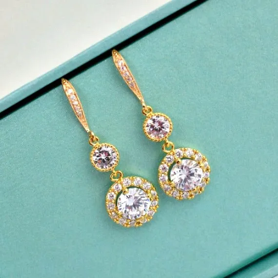 Gold Halo Clear Long Cubic Zirconia Drop Post Earrings. Round Solitaire Halo Cubic Zirconia Earrings. Bridal Drop Dangle Wedding Earrings.