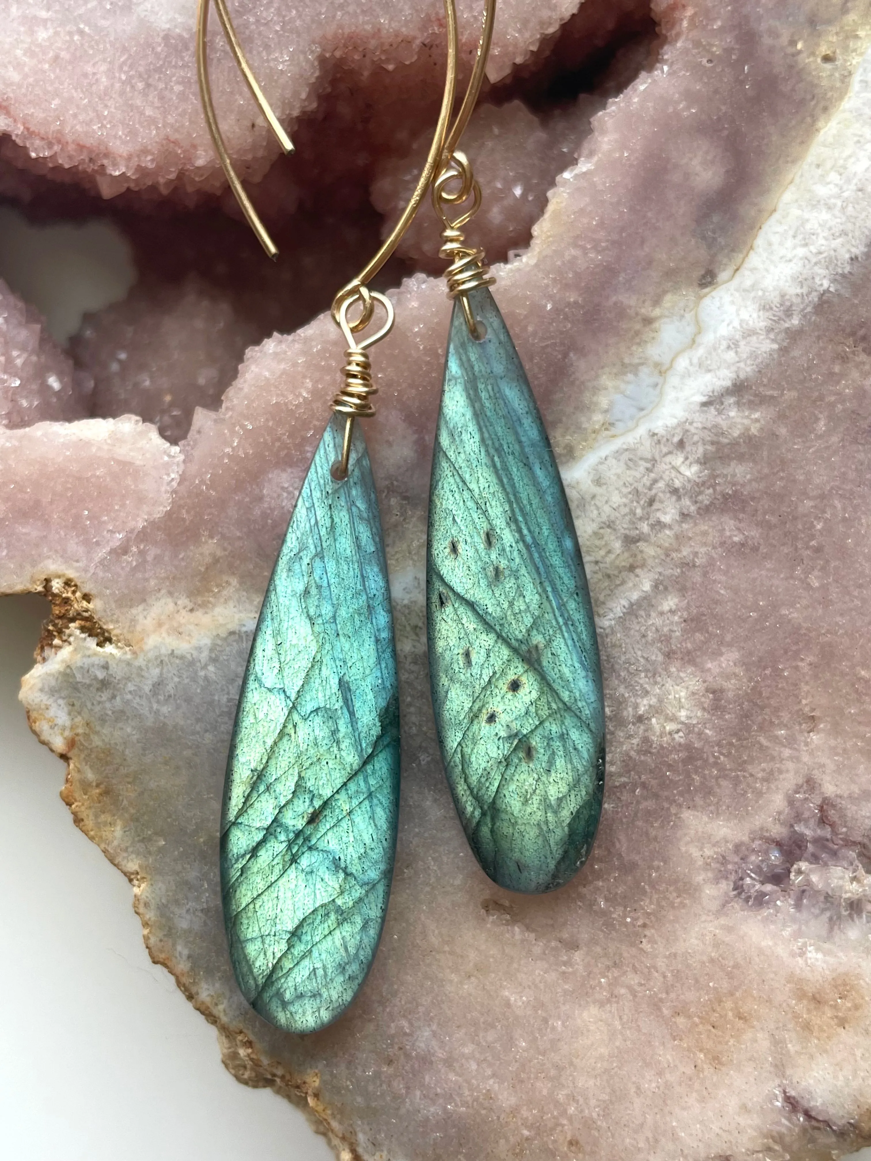 Gold Labradorite Dangle Drop Crystal Earrings