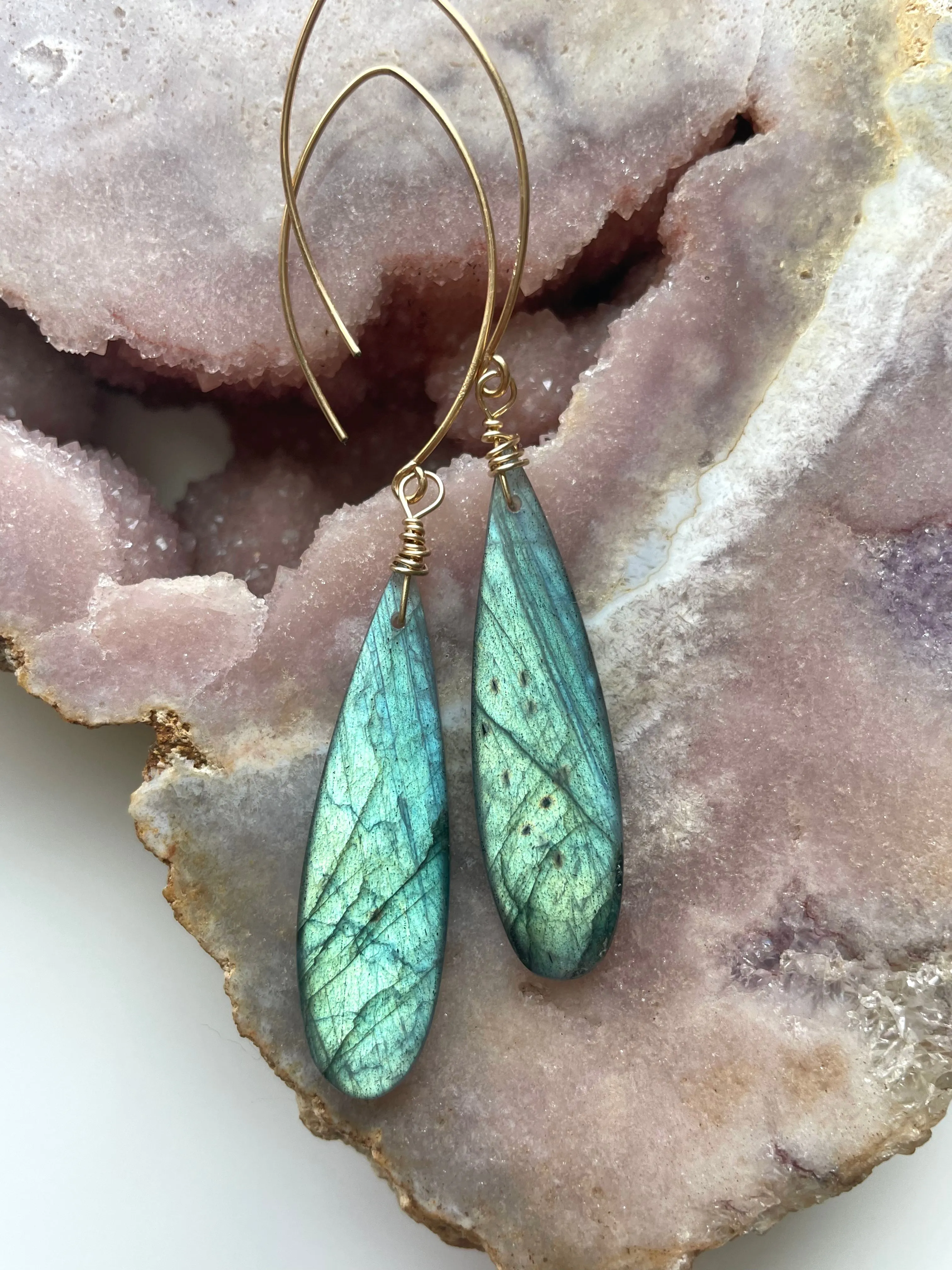 Gold Labradorite Dangle Drop Crystal Earrings