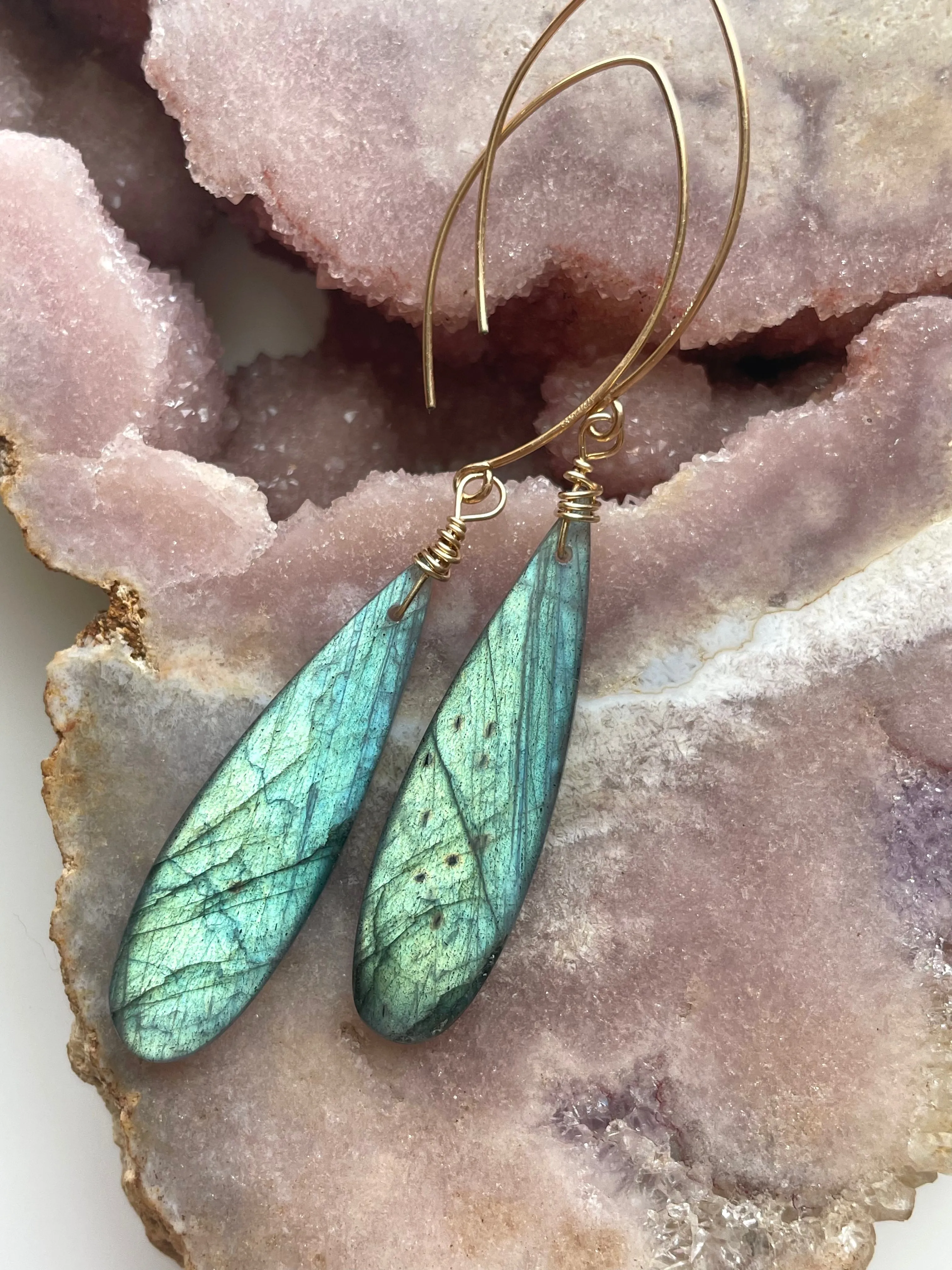 Gold Labradorite Dangle Drop Crystal Earrings