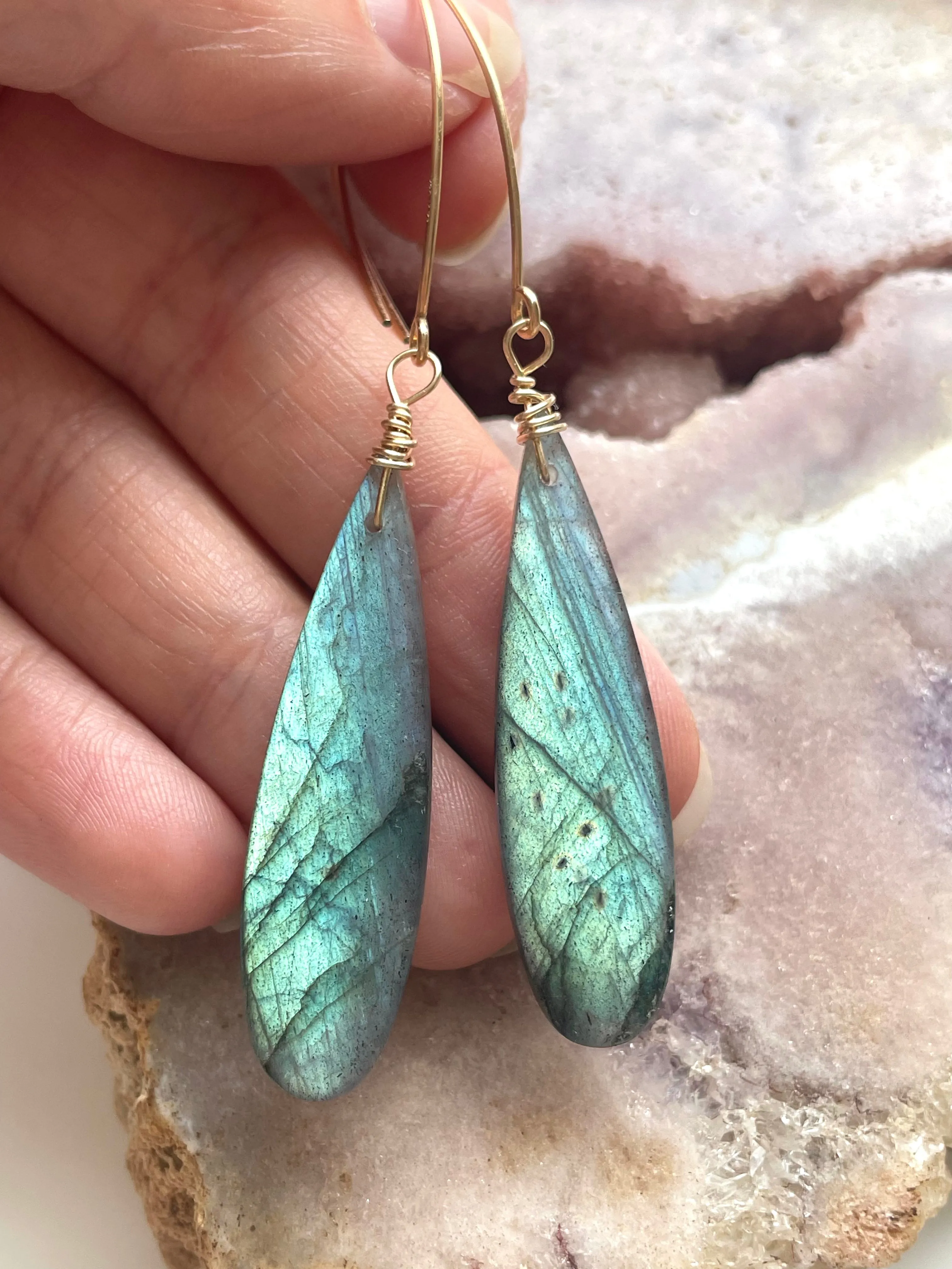 Gold Labradorite Dangle Drop Crystal Earrings