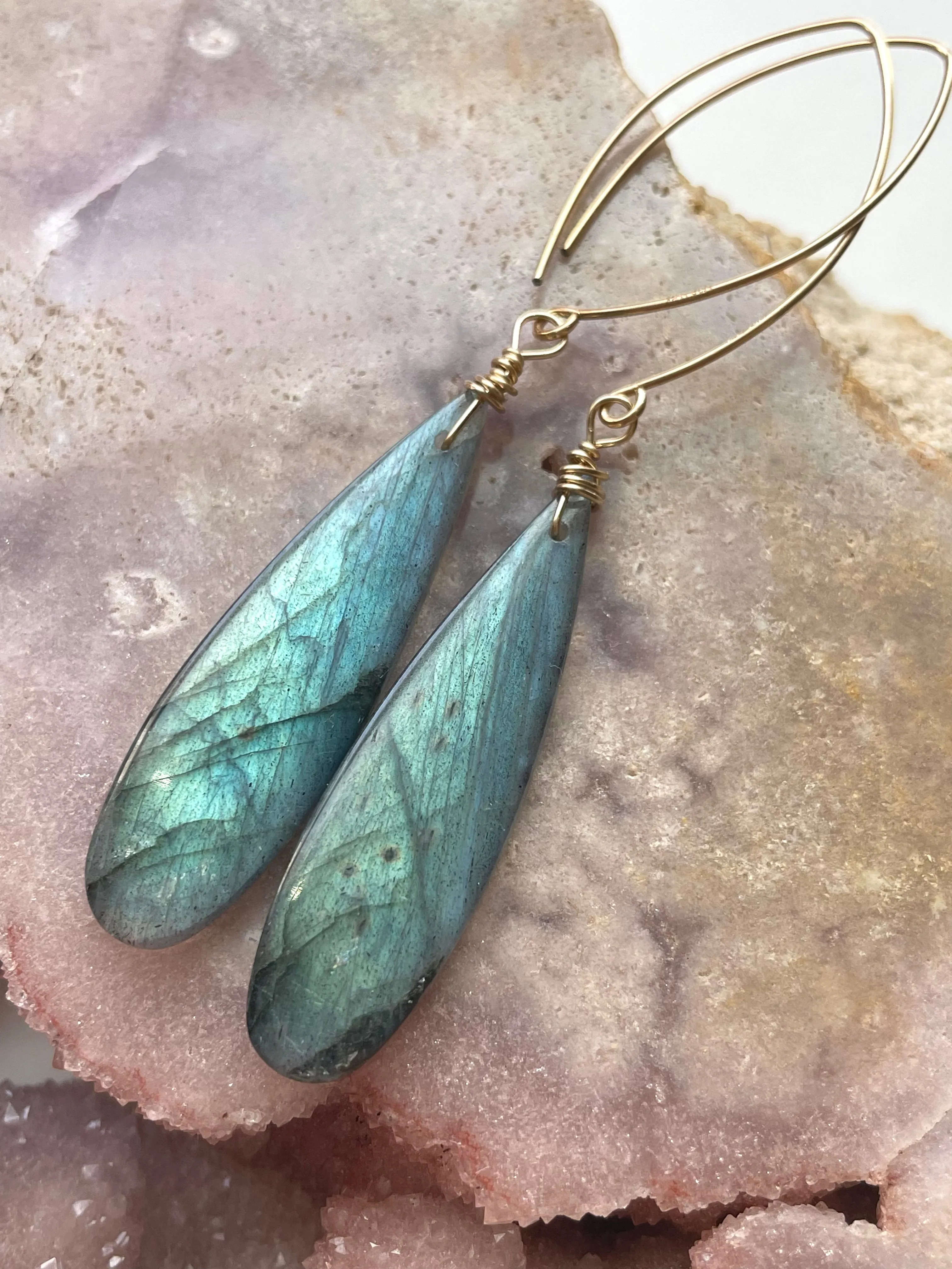 Gold Labradorite Dangle Drop Crystal Earrings