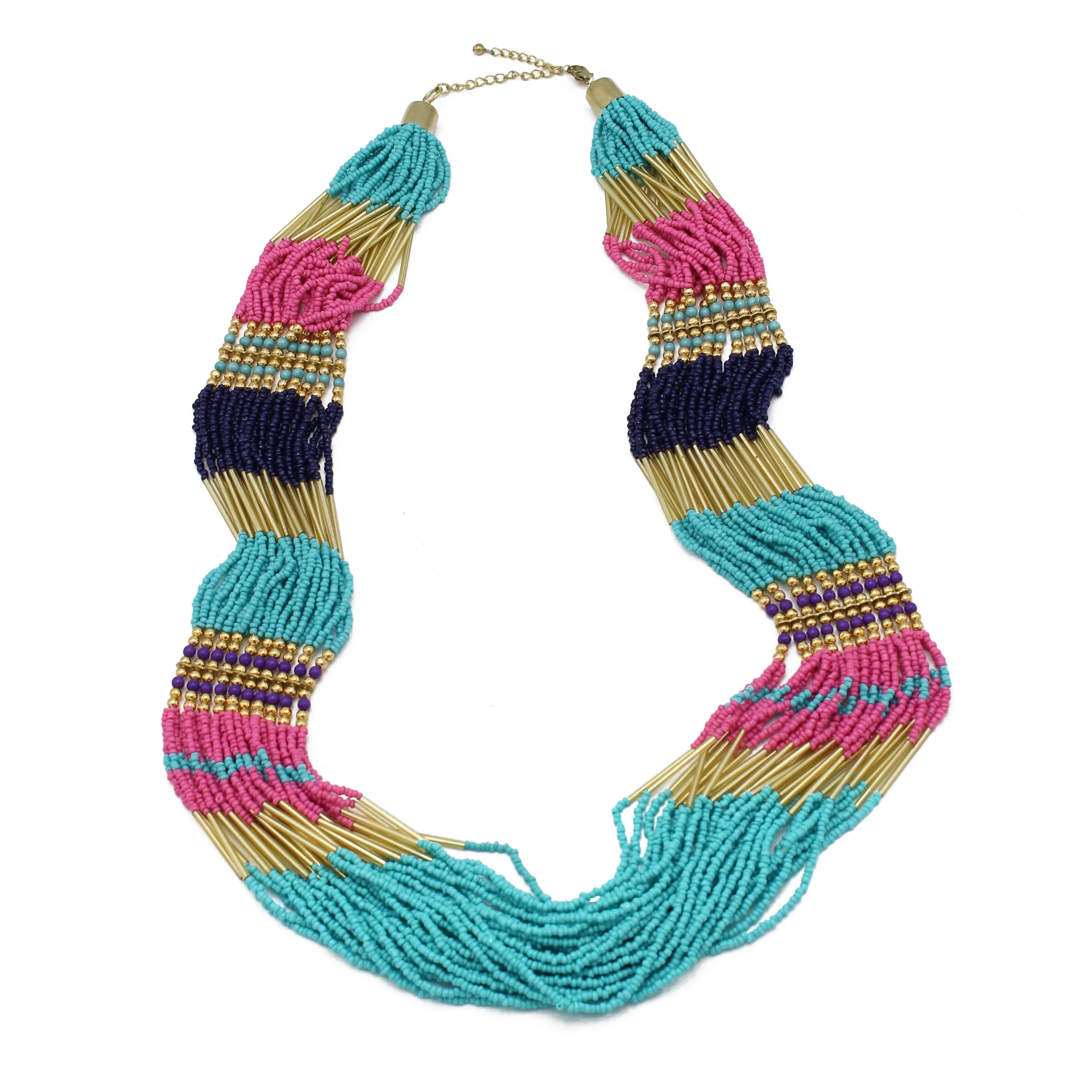 Gold Multicolor Seed Bead Statement Layer Necklace#N2216-MLT