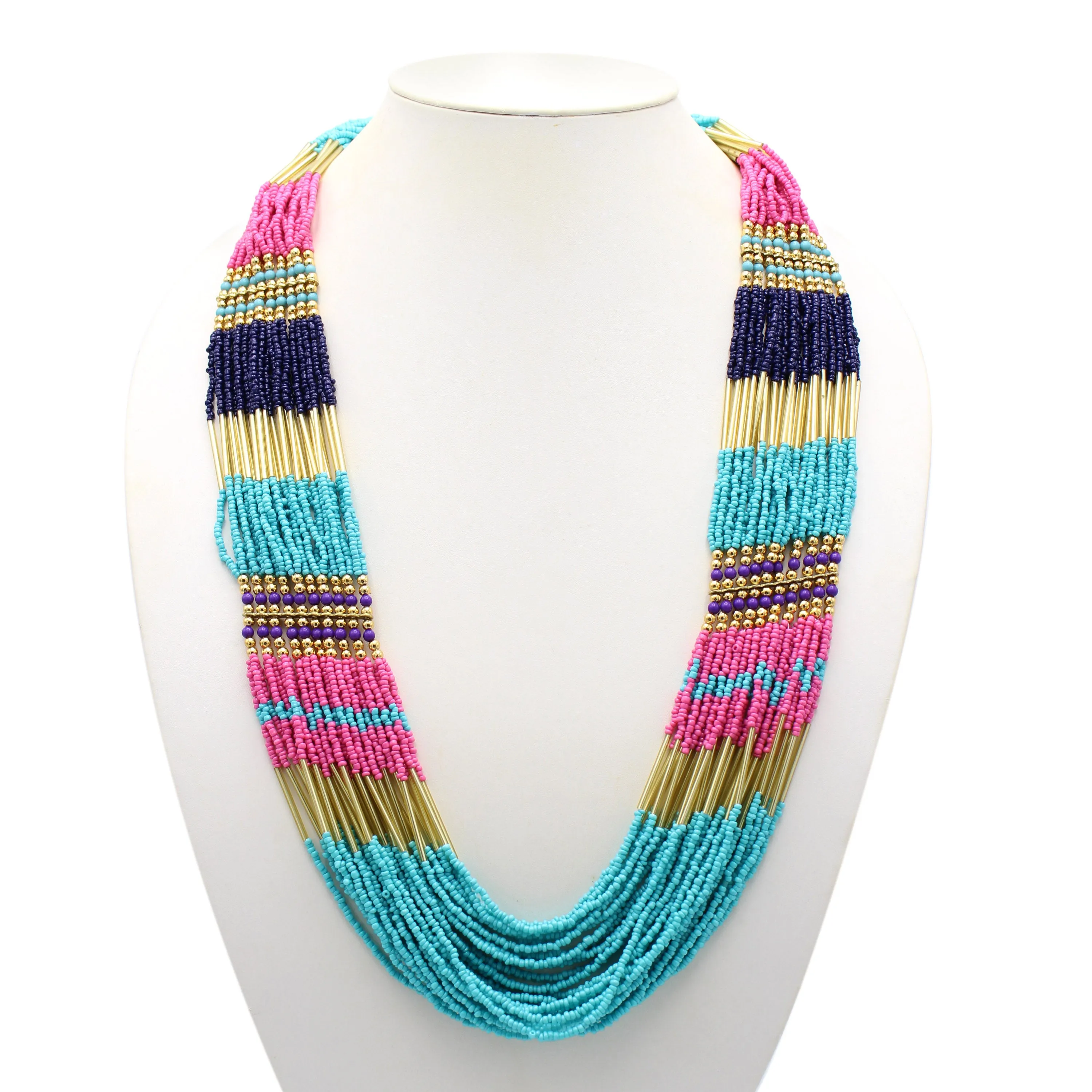 Gold Multicolor Seed Bead Statement Layer Necklace#N2216-MLT