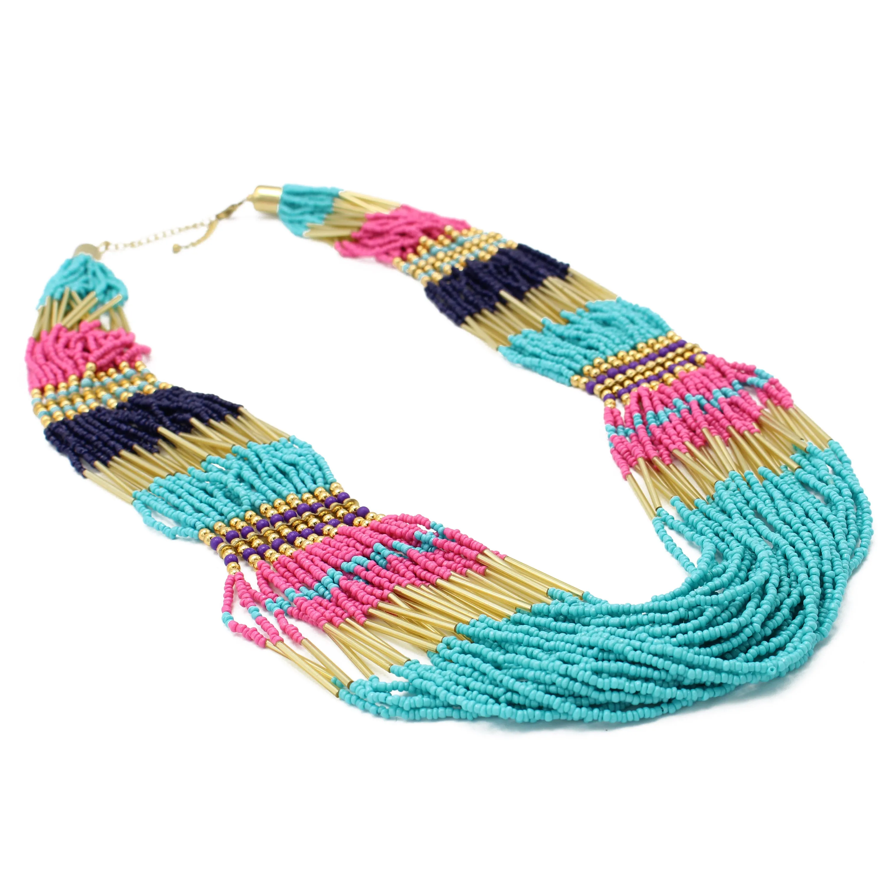 Gold Multicolor Seed Bead Statement Layer Necklace#N2216-MLT