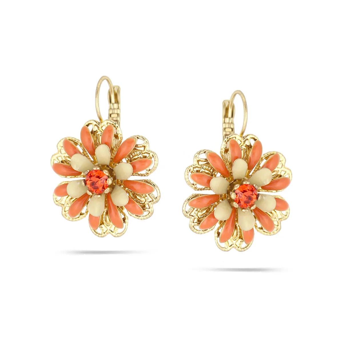 GOLD PEACH CREAM FLOWER DROP EARRINGS #233CR3101 (10E1)