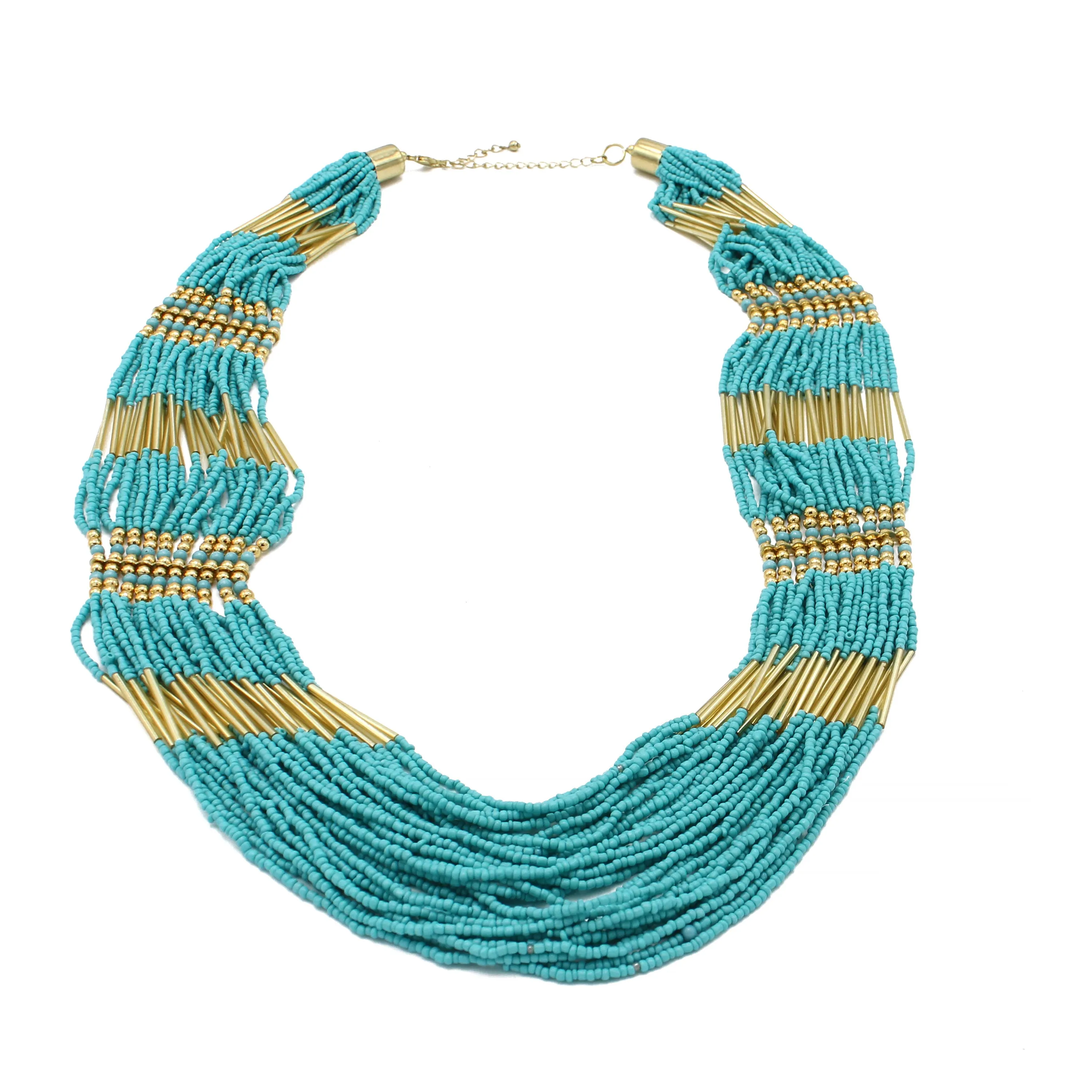 GOLD TURQUOISE SEED BEAD STATEMENT NECKLACE#N2216TRQ (DF7)