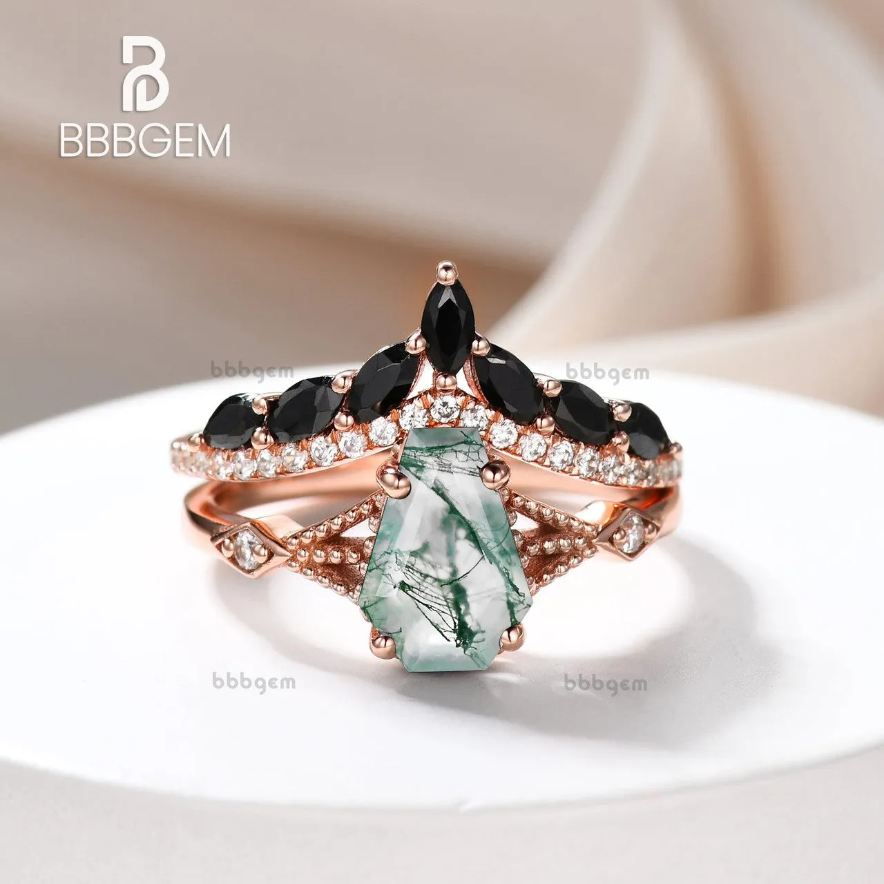 Gothic Alternative Coffin Cut Engagement Ring Set Moss Agate 14k Gold Ring & Marquise Cut Black Spinel Ring