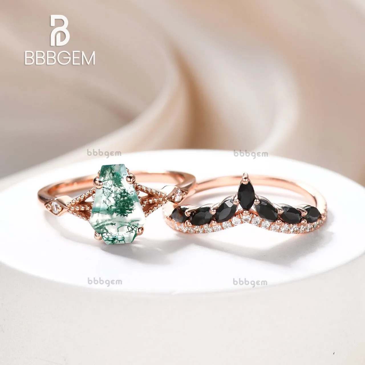 Gothic Alternative Coffin Cut Engagement Ring Set Moss Agate 14k Gold Ring & Marquise Cut Black Spinel Ring