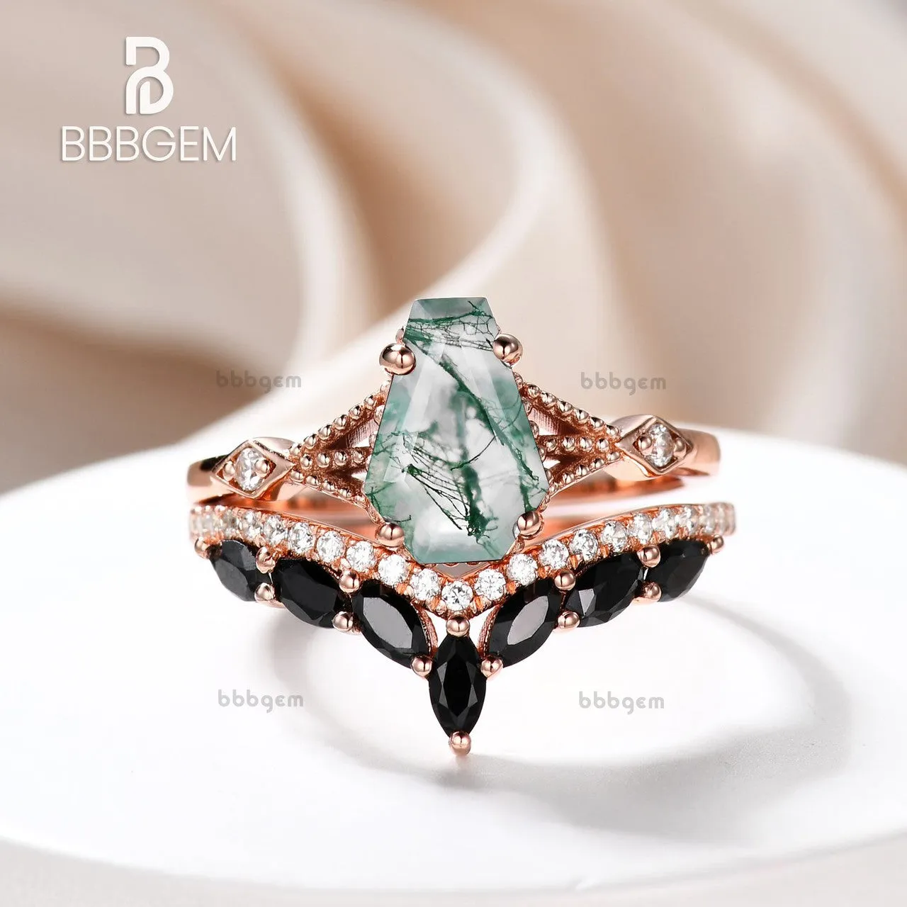 Gothic Alternative Coffin Cut Engagement Ring Set Moss Agate 14k Gold Ring & Marquise Cut Black Spinel Ring