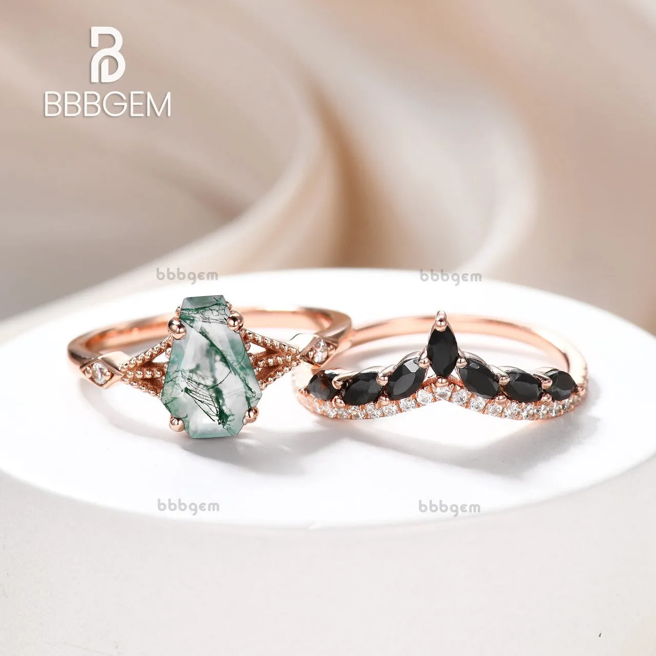 Gothic Alternative Coffin Cut Engagement Ring Set Moss Agate 14k Gold Ring & Marquise Cut Black Spinel Ring