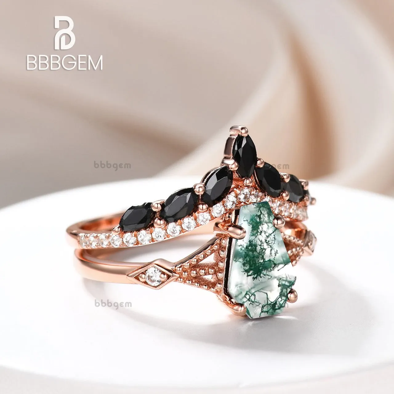 Gothic Alternative Coffin Cut Engagement Ring Set Moss Agate 14k Gold Ring & Marquise Cut Black Spinel Ring