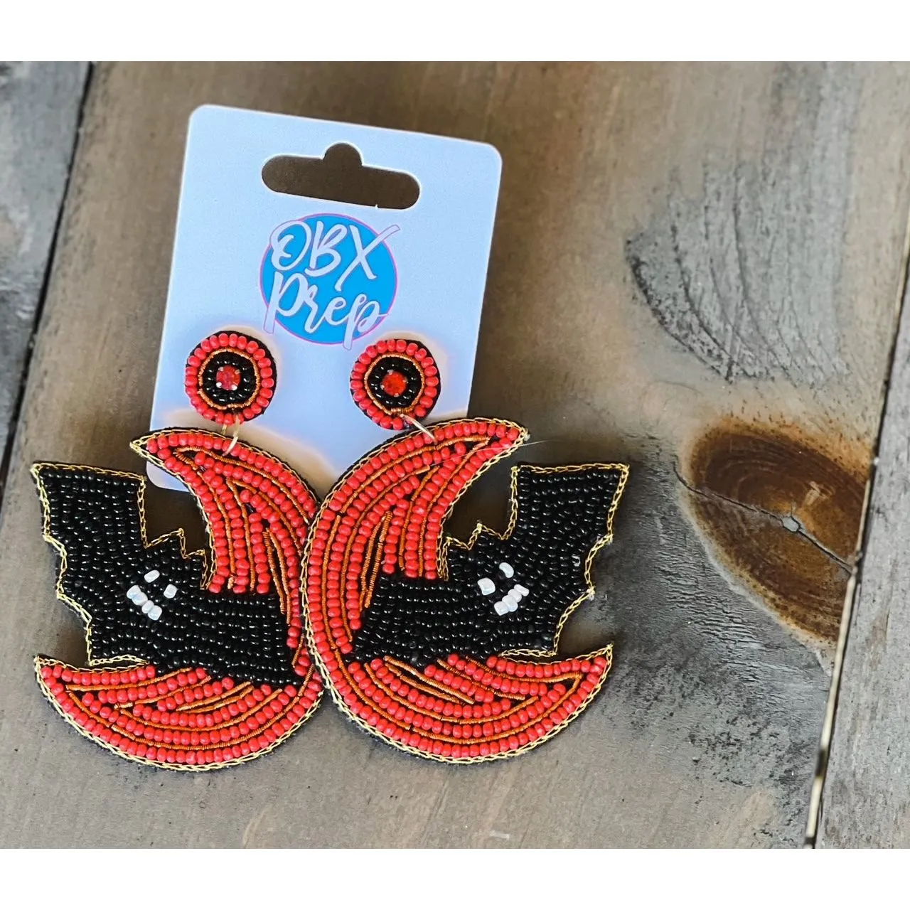 Halloween Bat and Moon Seed Beaded Dangle Earrings