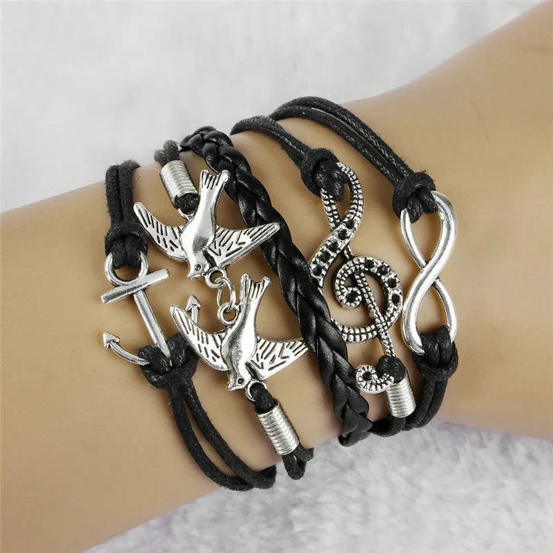 Handmade Vintage Bird Anchor Bracelets Wrap Leather Bracelet Charm bracelets pulseira couro bracelets for women