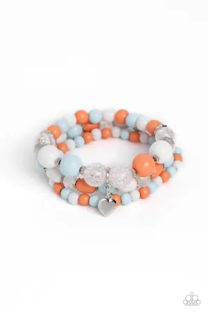 Heartfelt Haven - Blue - White and Coral Bead Heart Charm Paparazzi Stretchy Bracelet