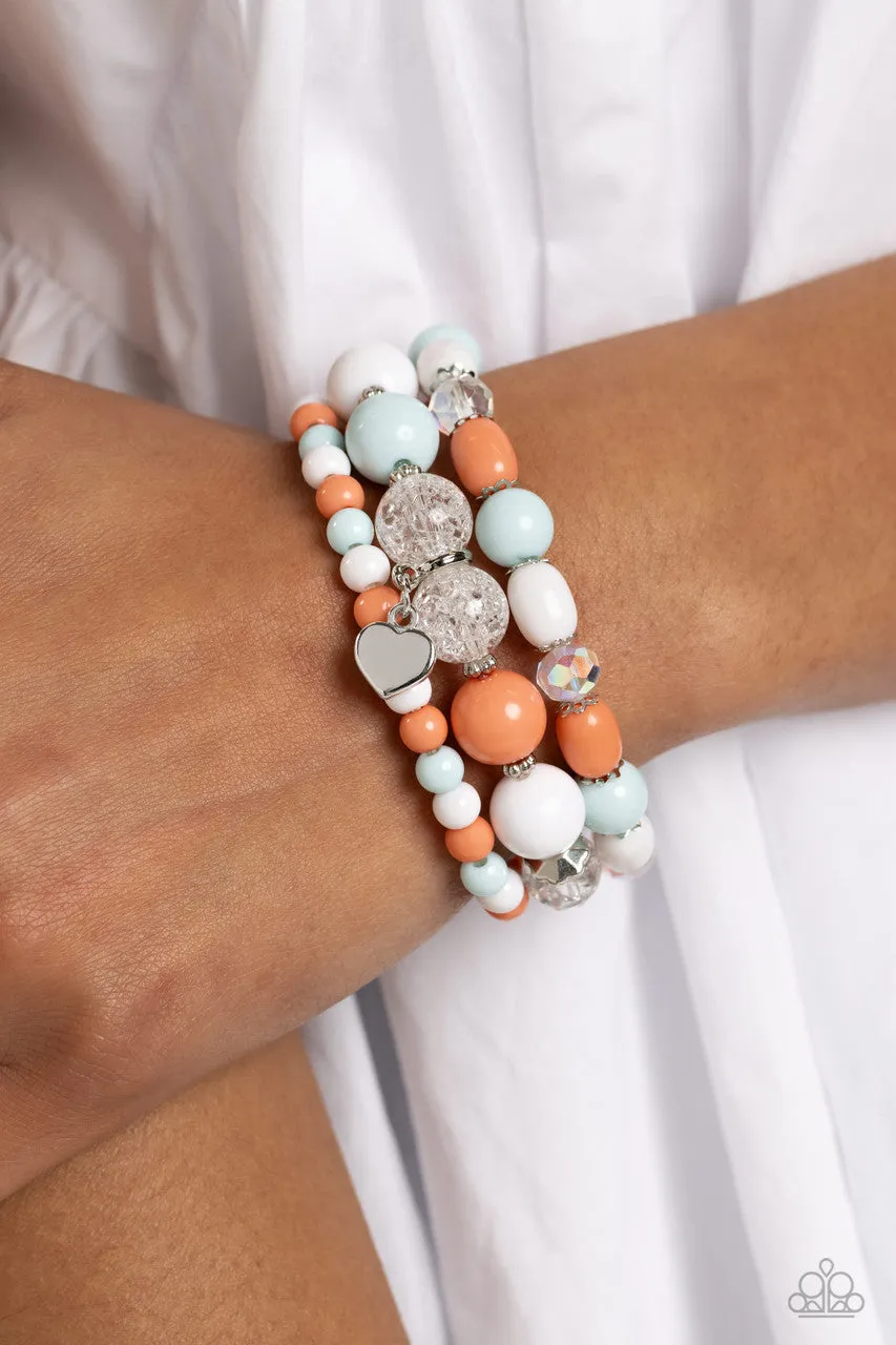 Heartfelt Haven - Blue - White and Coral Bead Heart Charm Paparazzi Stretchy Bracelet