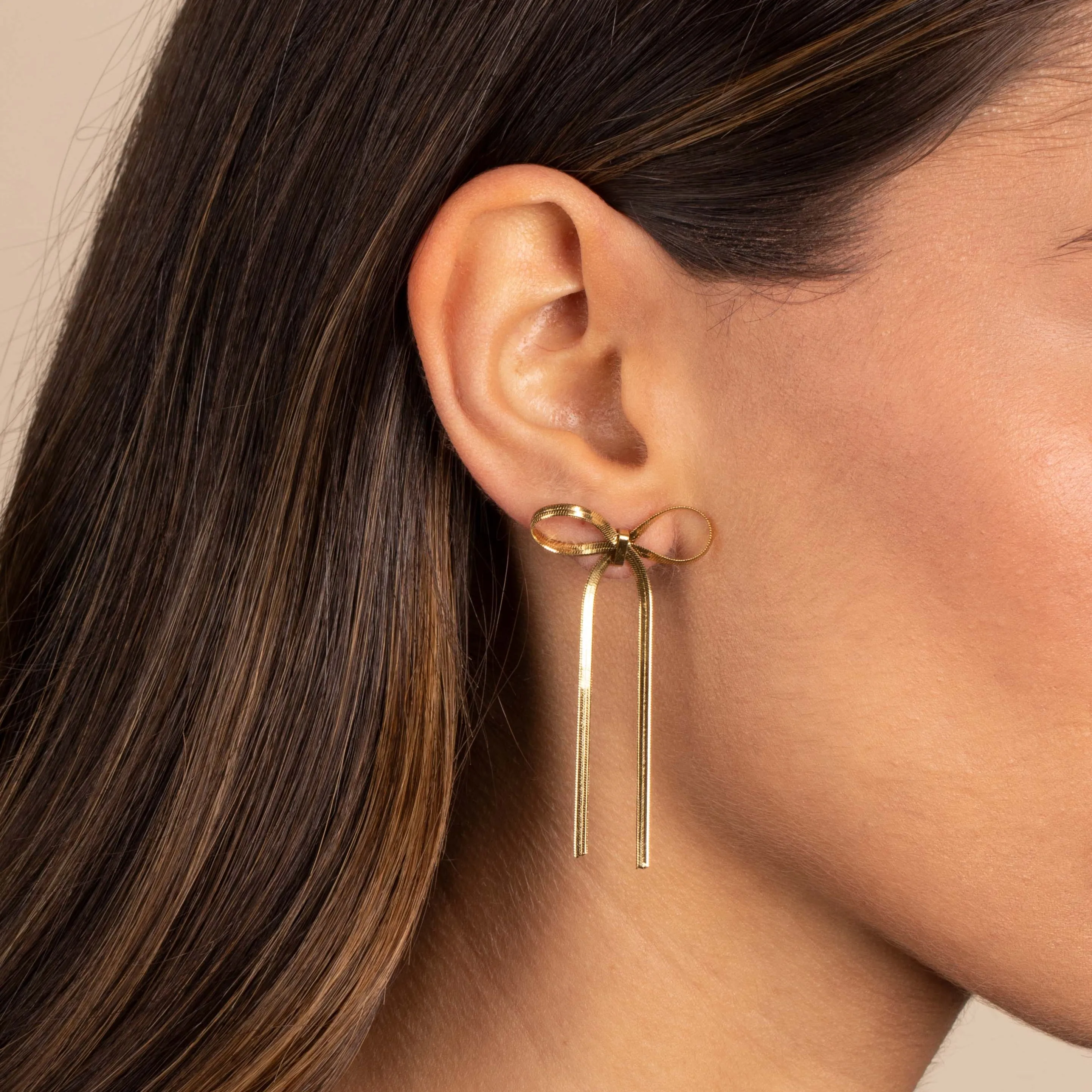 Herringbone Bow Tie Long Drop Stud Earring