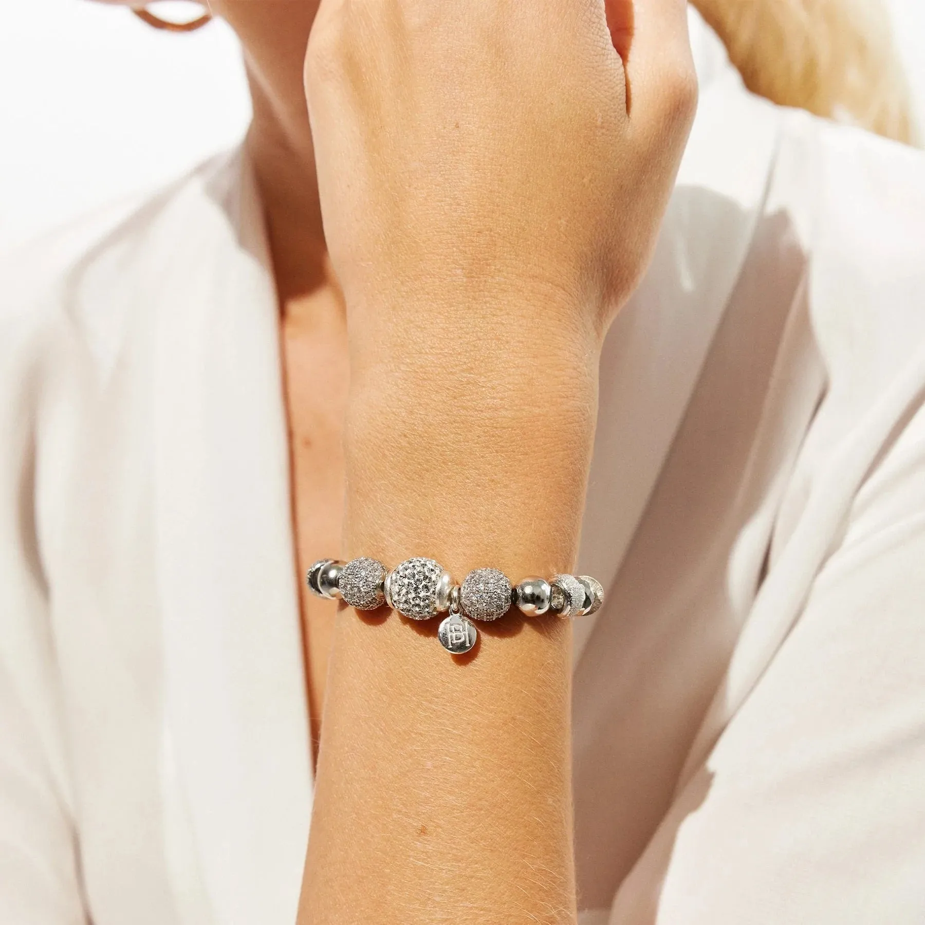 Hillberg & Berk Sterling Silver White Sparkle Ball Luxe Bracelet