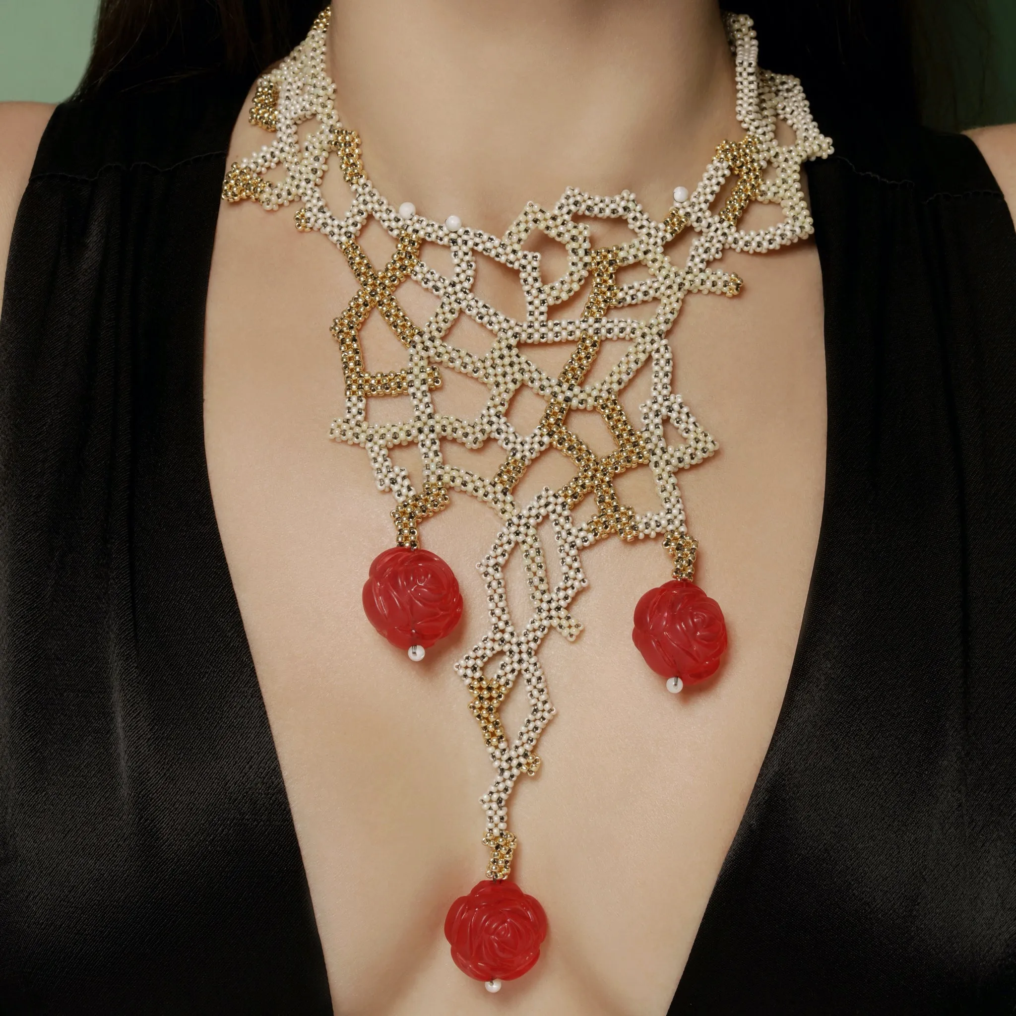 Japanese and Vintage Beads Rose Swirls Collar Necklace