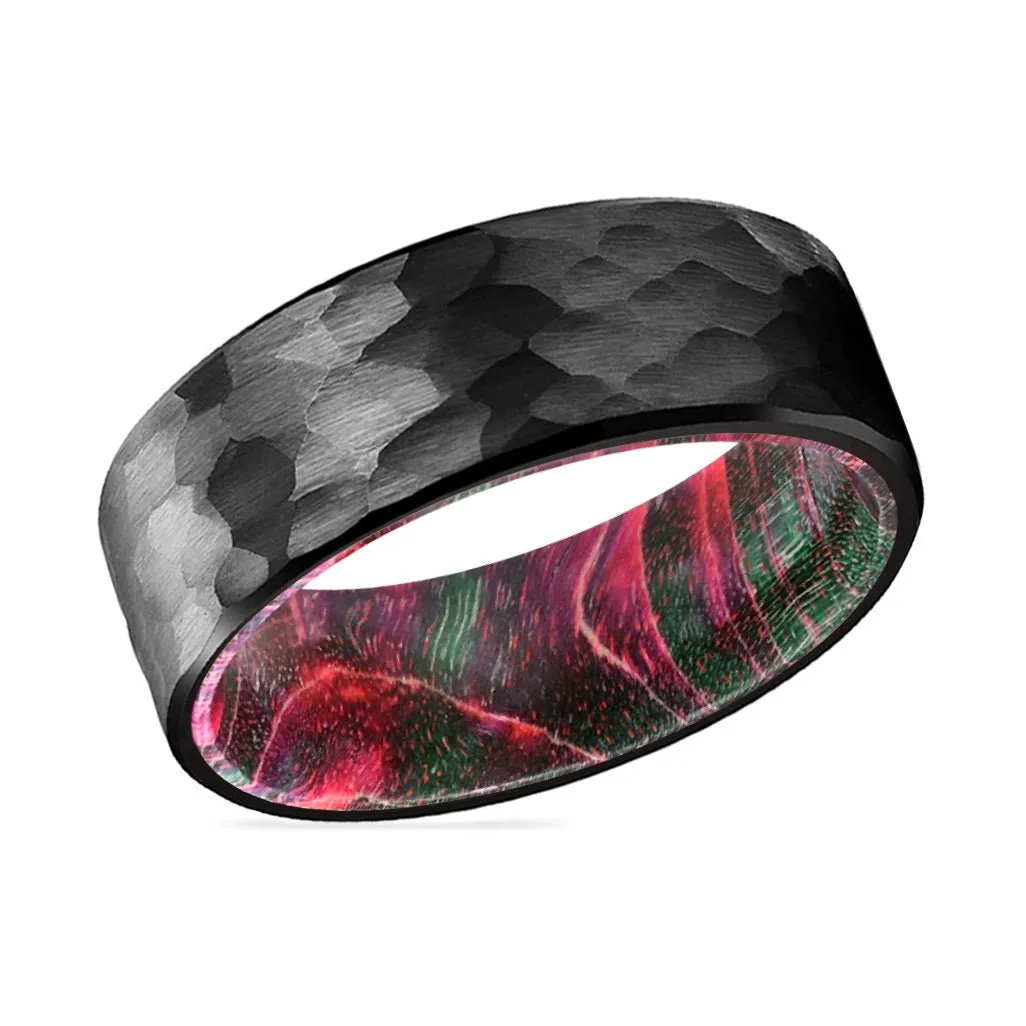 KRETZ | Green and Red Wood, Black Tungsten Ring, Hammered, Flat