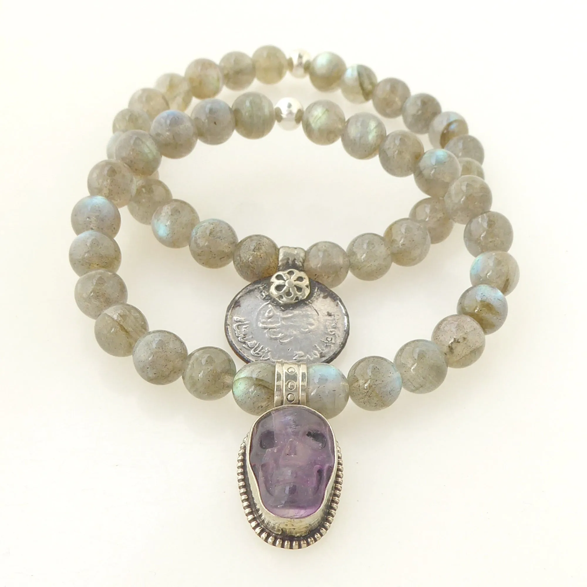 Labradorite and fluorite skull bracelet set