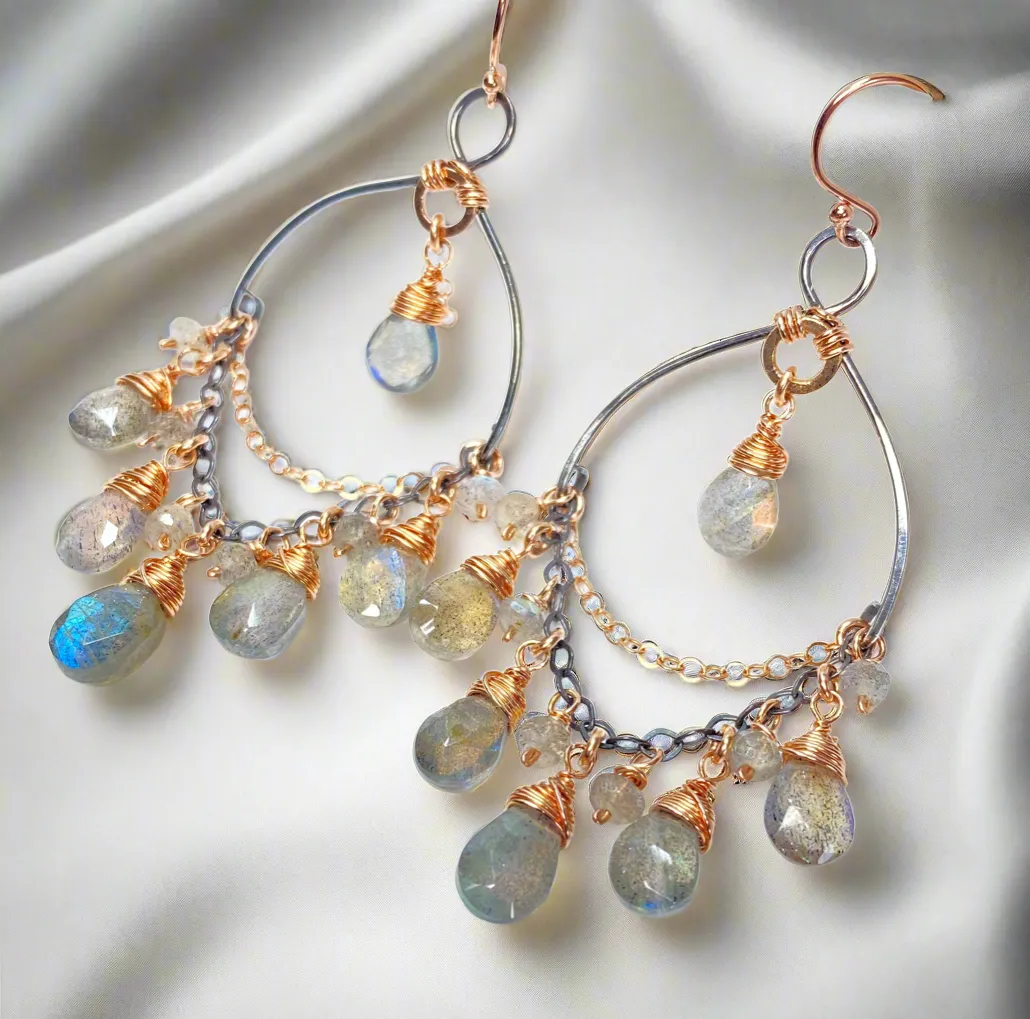 Labradorite Mixed Metal Boho Chandelier Hoop Earrings