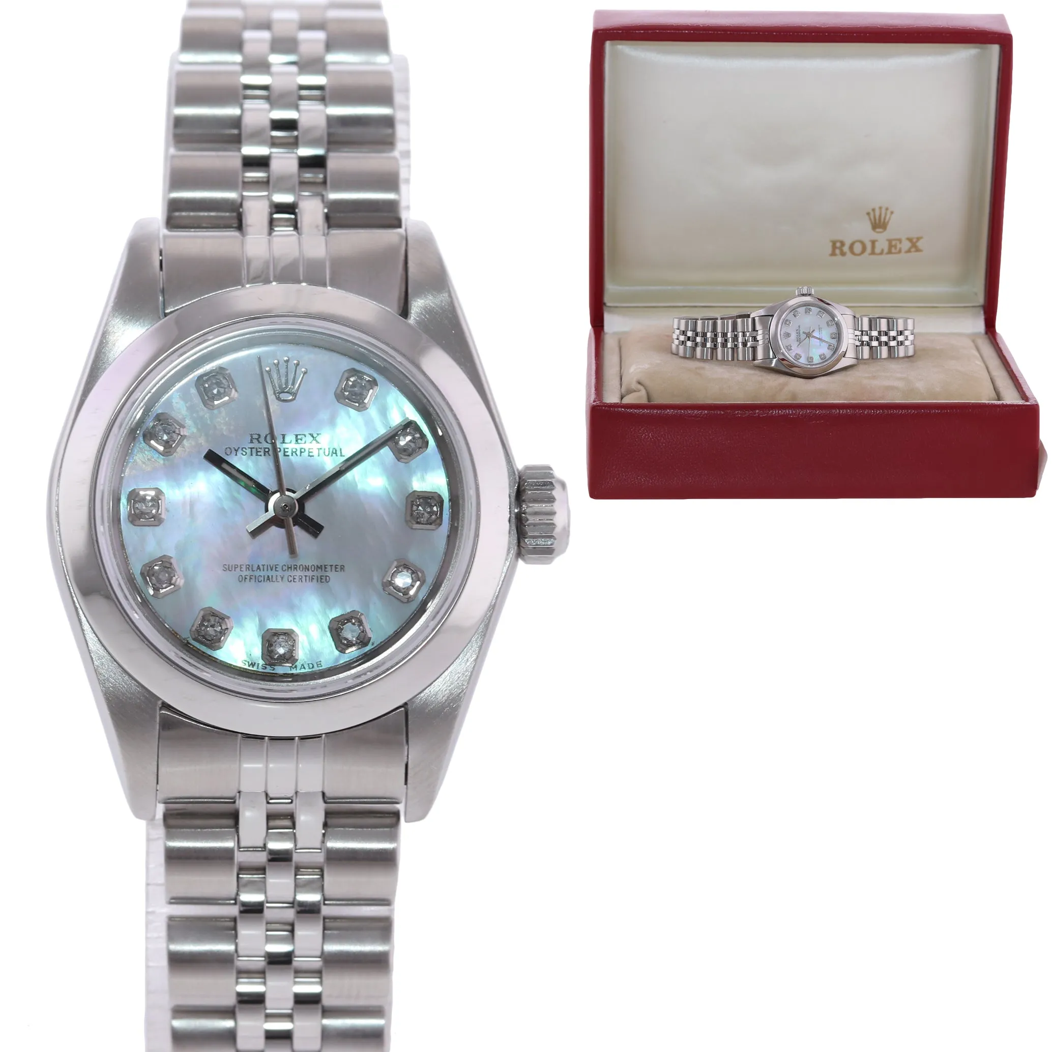 Ladies Rolex Oyster Perpetual 67230 MOP Diamond Steel Jubilee Watch Box