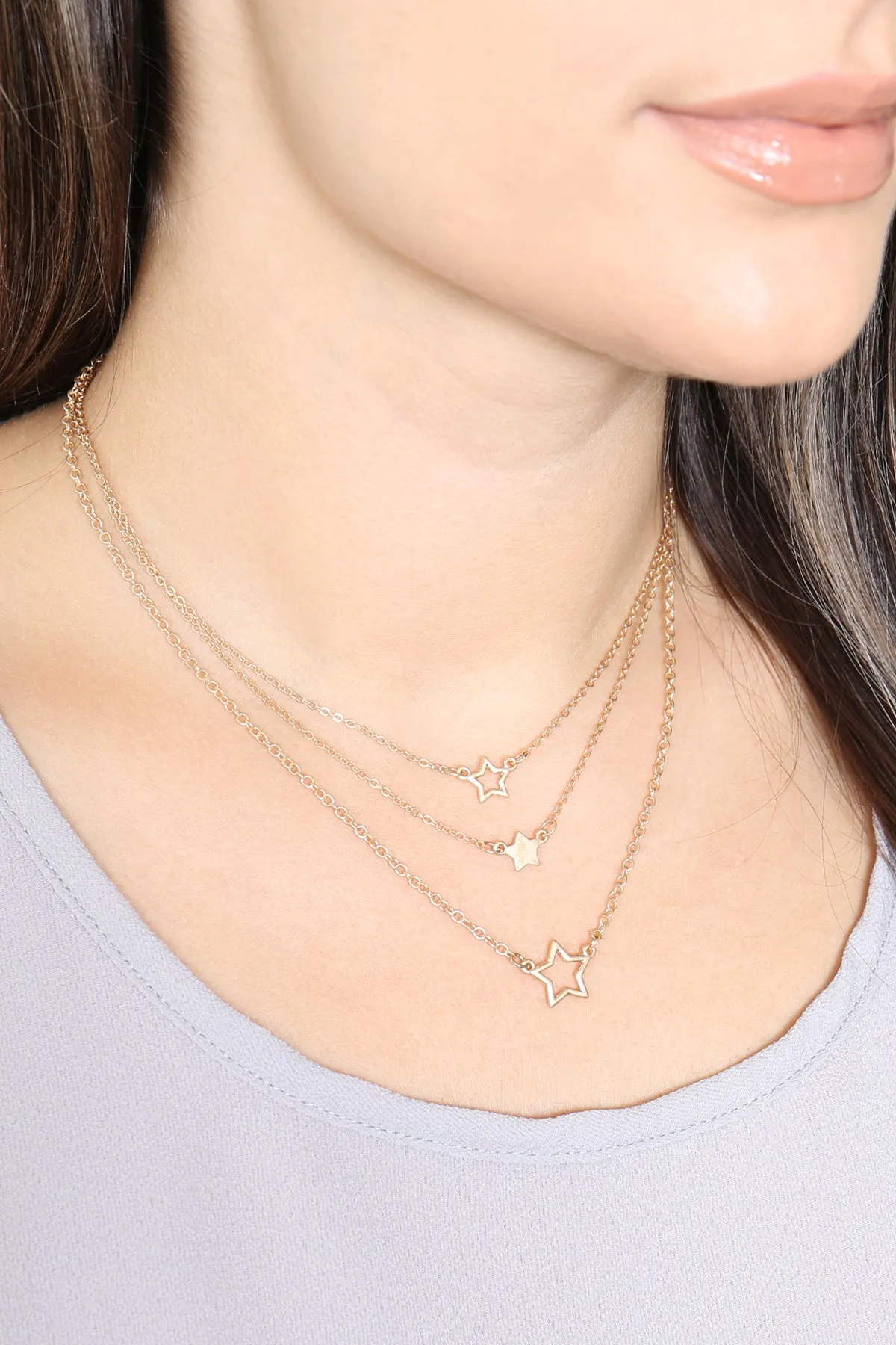 LAYERED CHAIN OPEN STAR INLINE NECKLACE SET