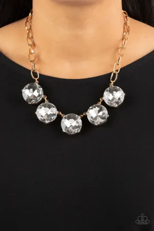 Limelight Luxury - Gold - Oversized Round White Gem Paparazzi Short Statement Necklace
