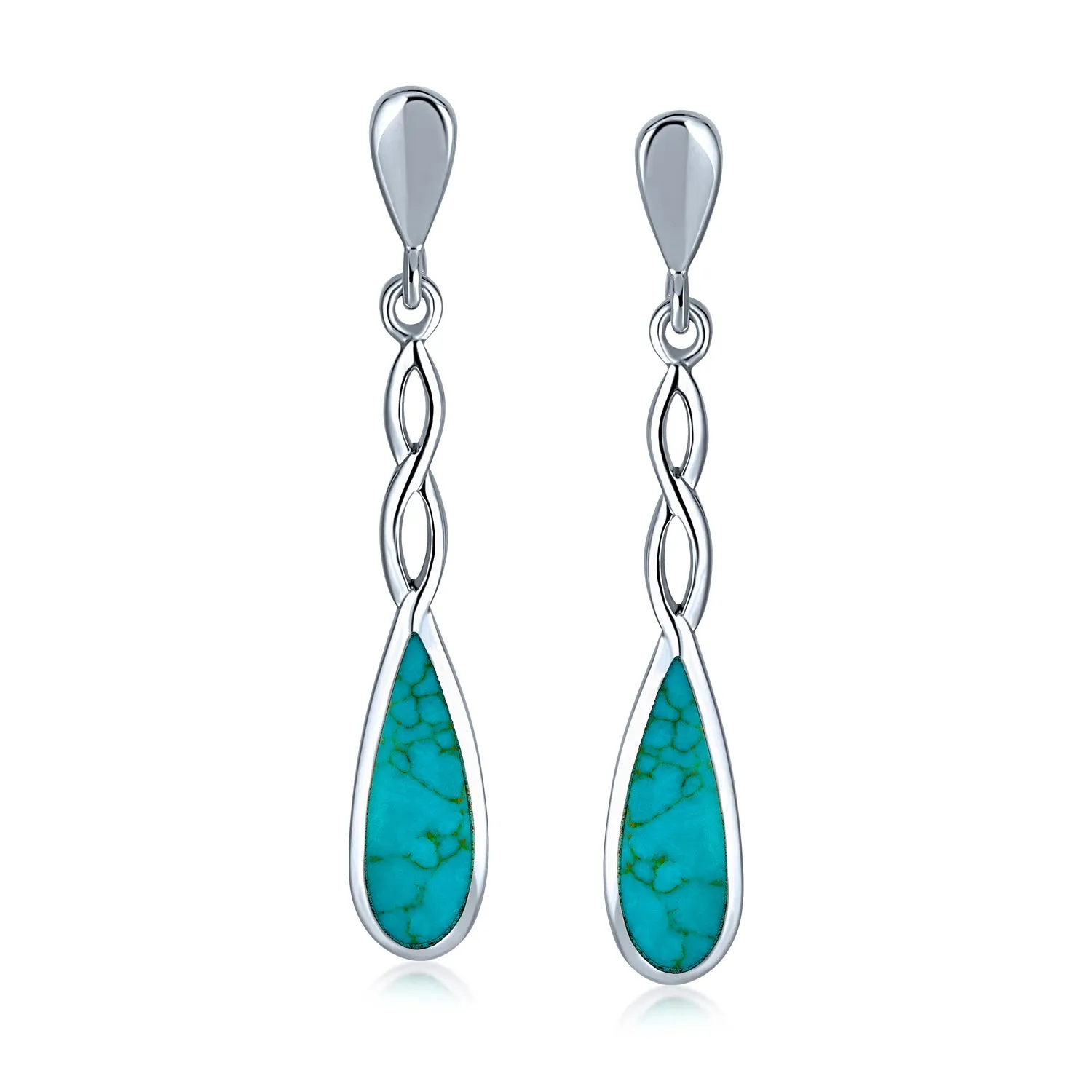 Linear Infinity Spiral Twist Teardrop Dangle Gemstone Earrings Blue Turquoise