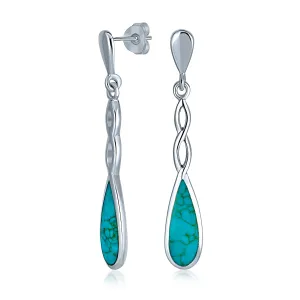 Linear Infinity Spiral Twist Teardrop Dangle Gemstone Earrings Blue Turquoise