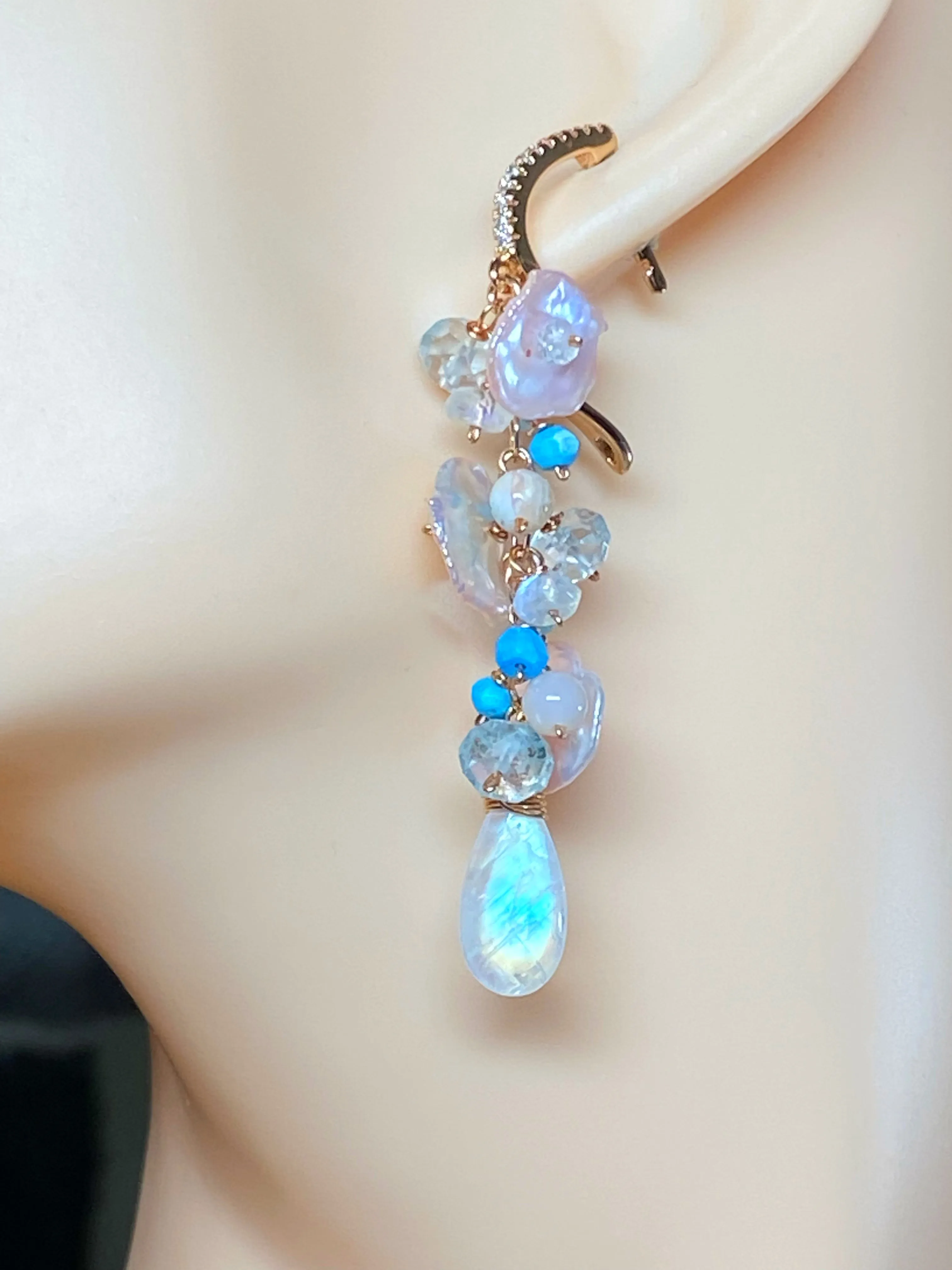 Long Gemstone Dangle Earrings Blush Keishi Pearl Rainbow Moonstone