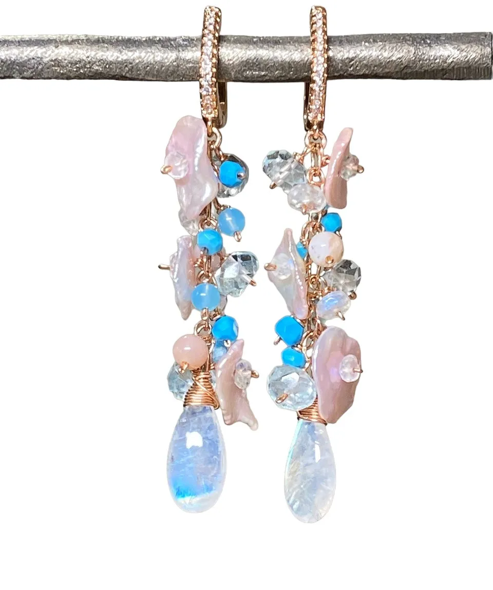 Long Gemstone Dangle Earrings Blush Keishi Pearl Rainbow Moonstone