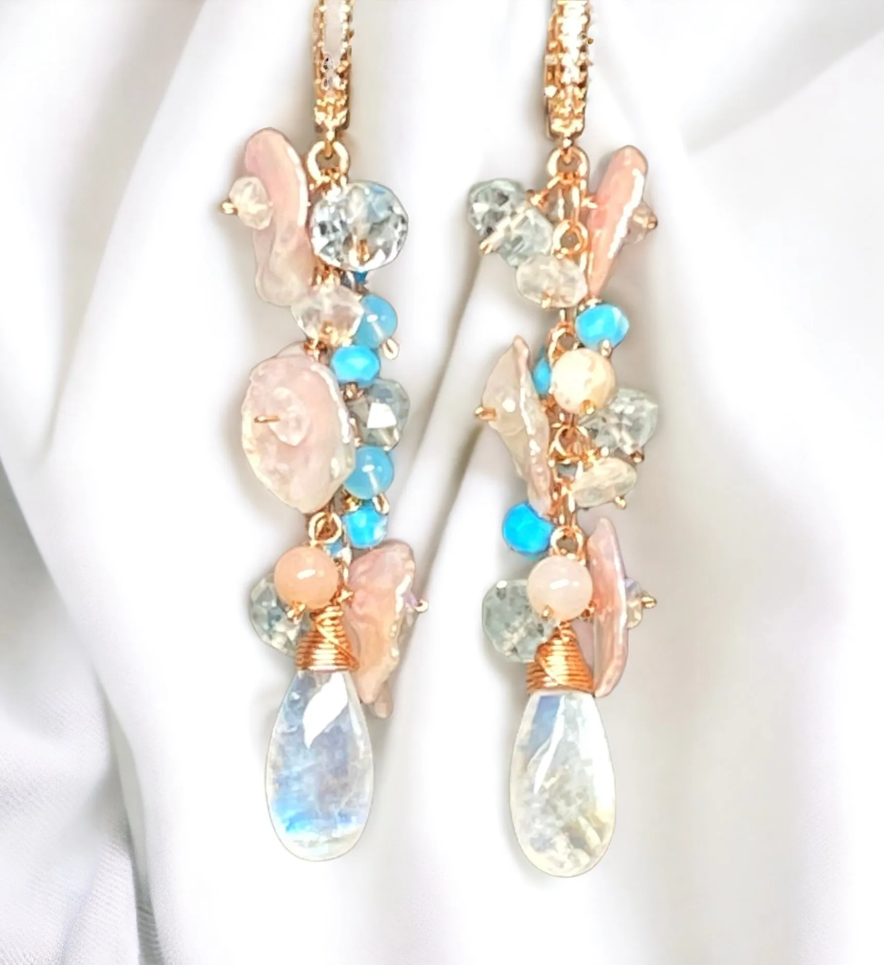 Long Gemstone Dangle Earrings Blush Keishi Pearl Rainbow Moonstone