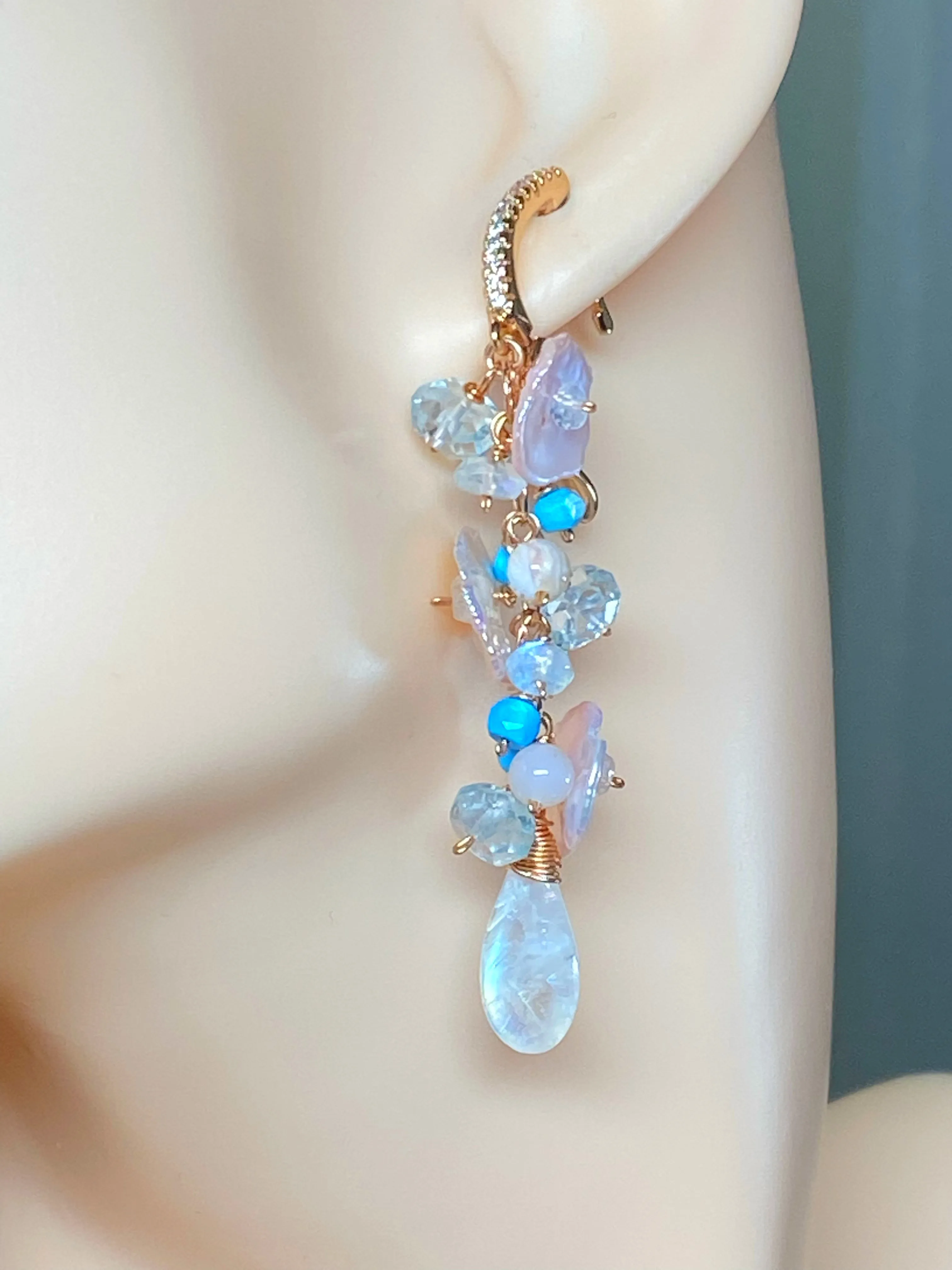 Long Gemstone Dangle Earrings Blush Keishi Pearl Rainbow Moonstone