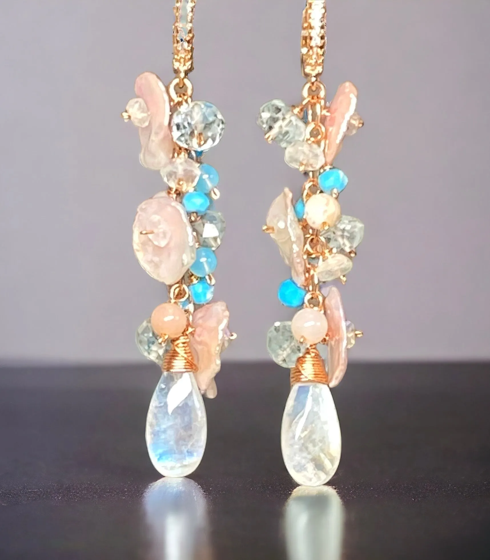 Long Gemstone Dangle Earrings Blush Keishi Pearl Rainbow Moonstone