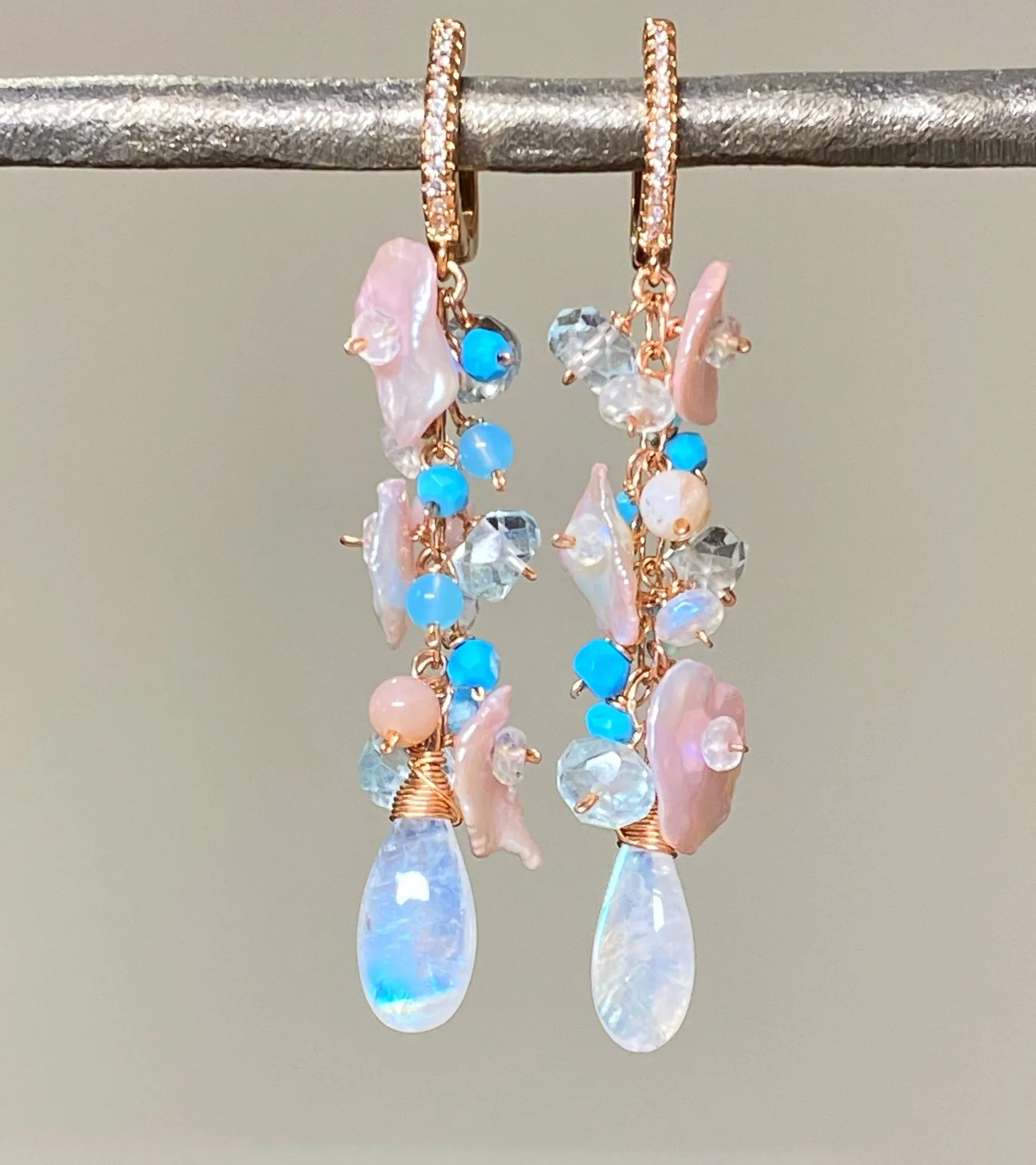 Long Gemstone Dangle Earrings Blush Keishi Pearl Rainbow Moonstone