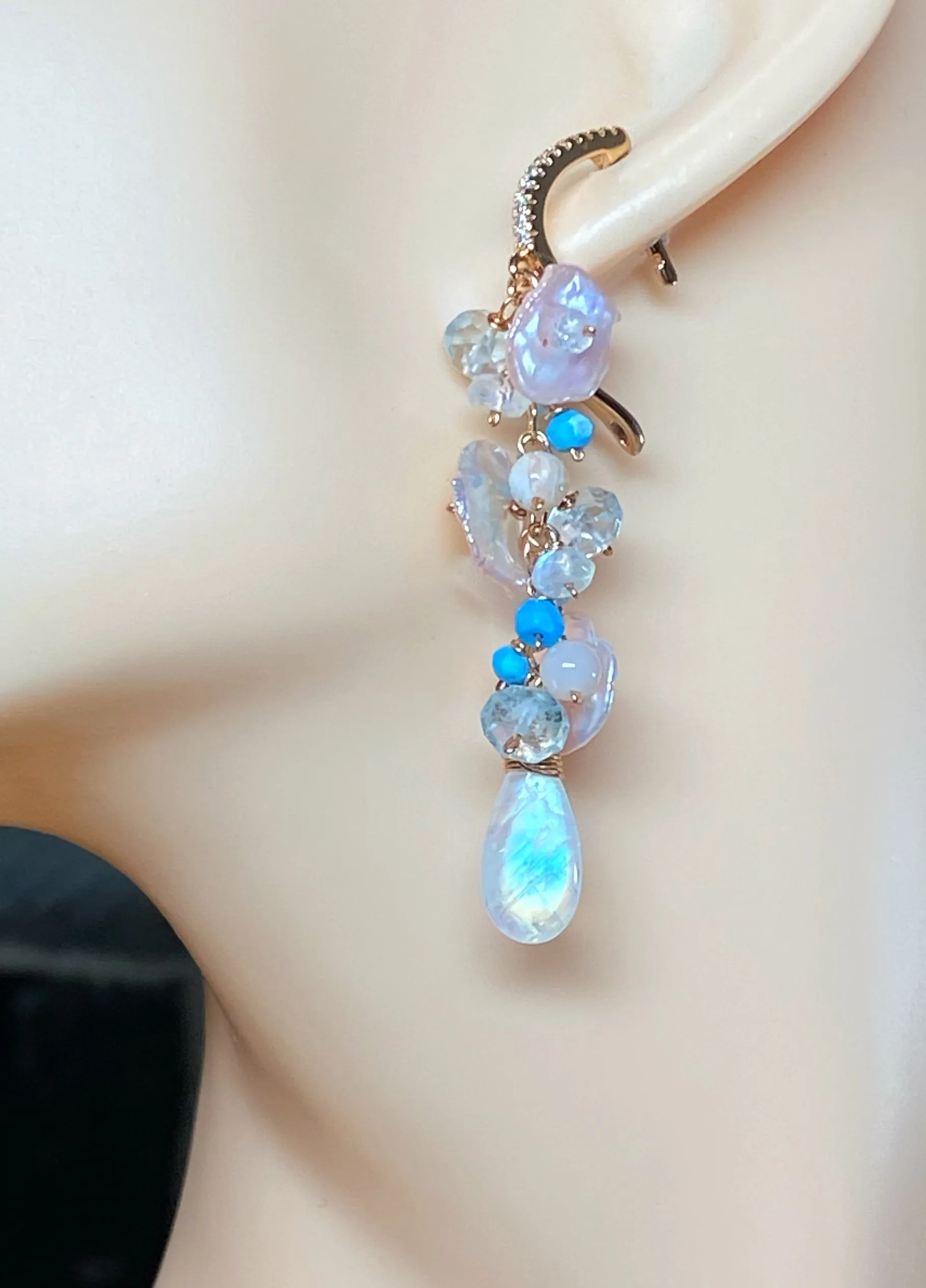 Long Gemstone Dangle Earrings Blush Keishi Pearl Rainbow Moonstone