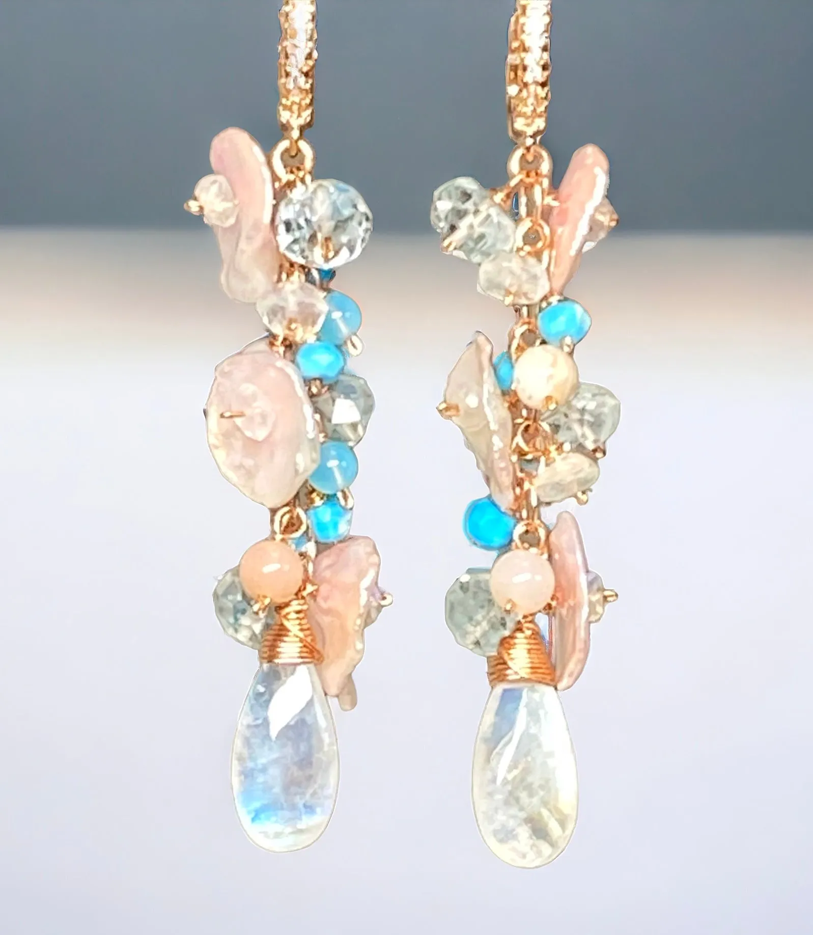 Long Gemstone Dangle Earrings Blush Keishi Pearl Rainbow Moonstone