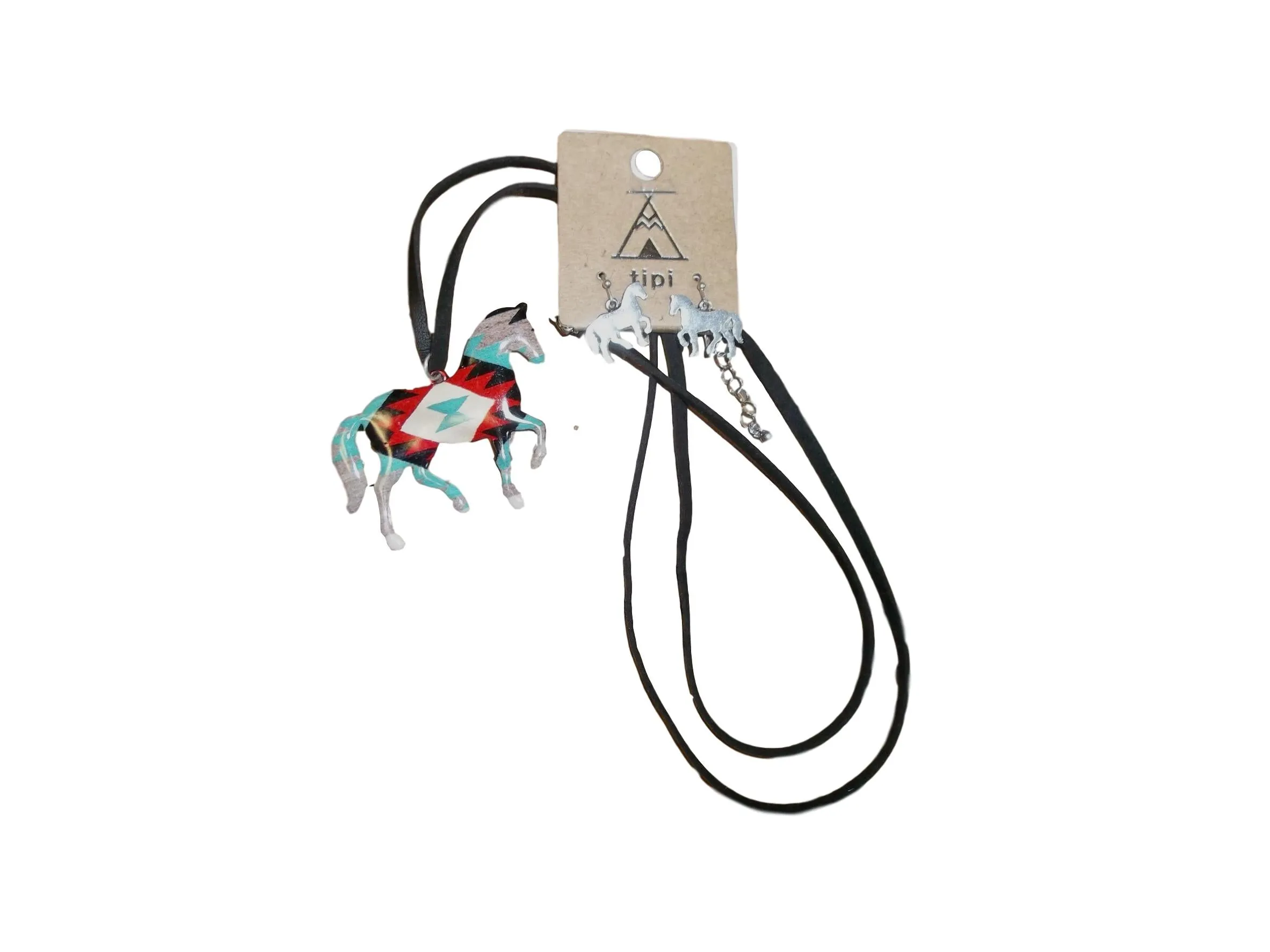 Long Leather & Metal Aztec Horse Necklace