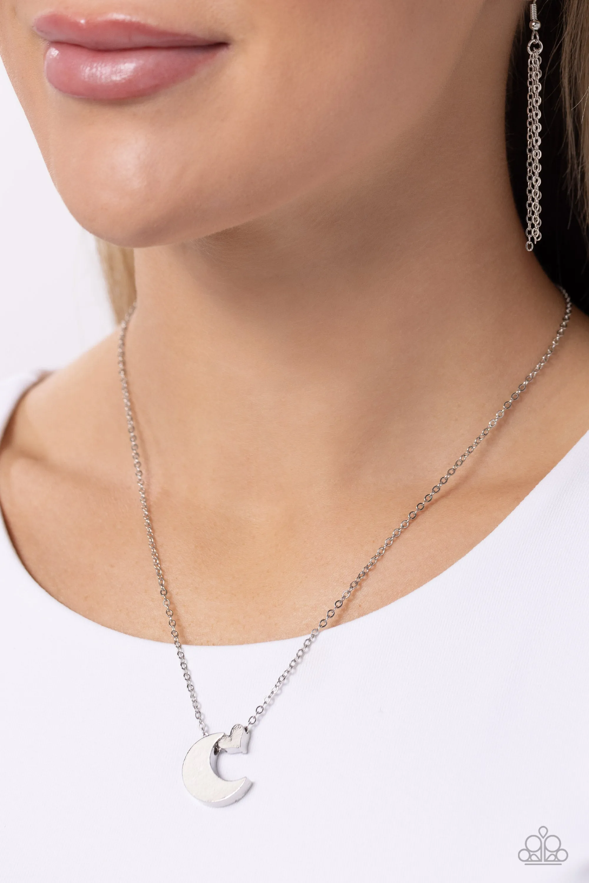 Low-Key Lunar - Silver - Crescent Moon and Heart Paparazzi Short Necklace