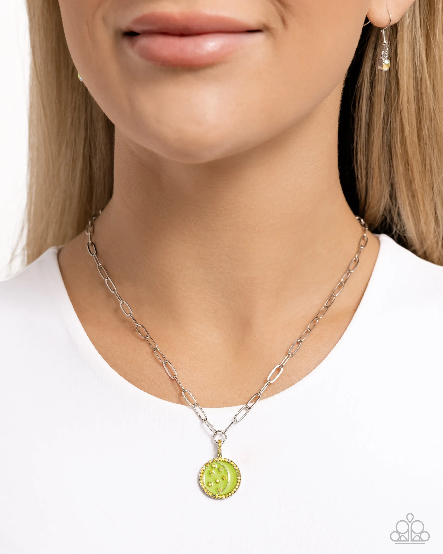 Lunar Liaison - Multi - Iridescent Star Green Painted Moon Disc Paparazzi Short Necklace