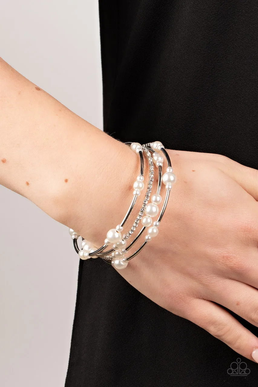 Marina Masterpiece White Pearl, Bead, and Rhinestone Paparazzi Coil Bracelet