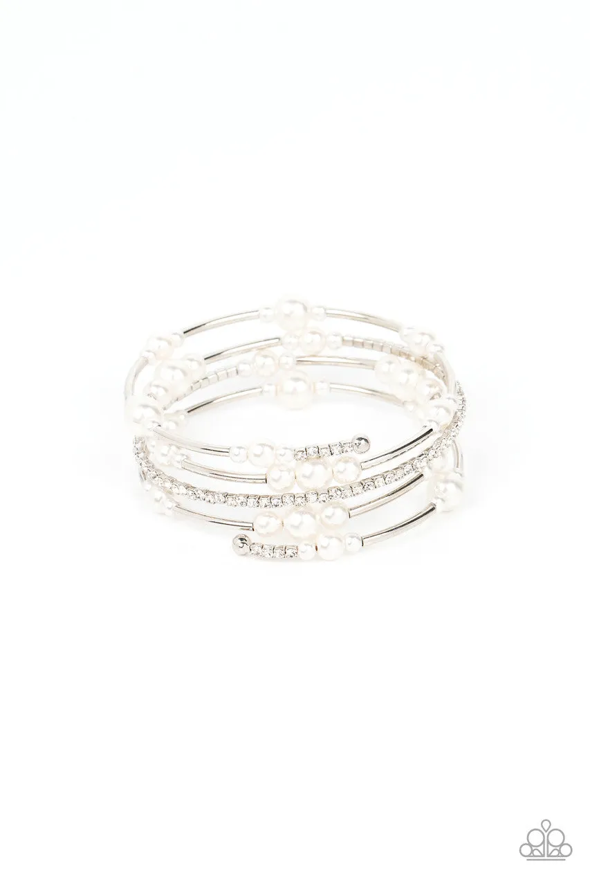 Marina Masterpiece White Pearl, Bead, and Rhinestone Paparazzi Coil Bracelet