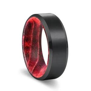MARRON | Black & Red Wood, Black Tungsten Ring, Brushed, Beveled