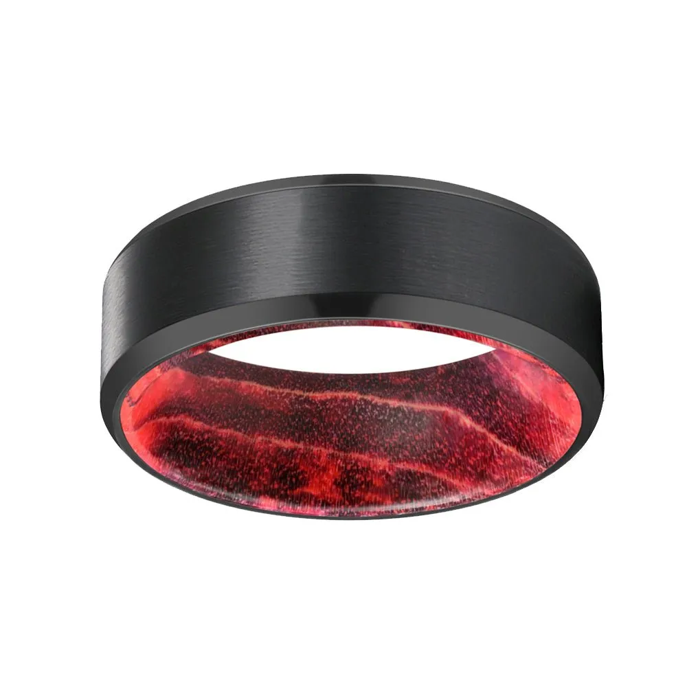 MARRON | Black & Red Wood, Black Tungsten Ring, Brushed, Beveled