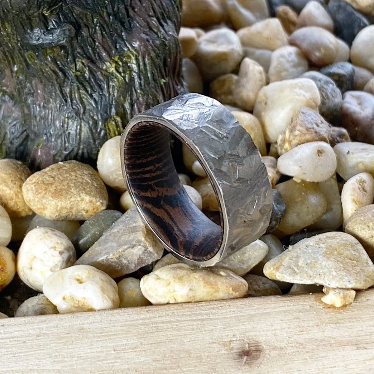 MEADOW | Wenge Wood, Silver Titanium Ring, Hammered, Flat