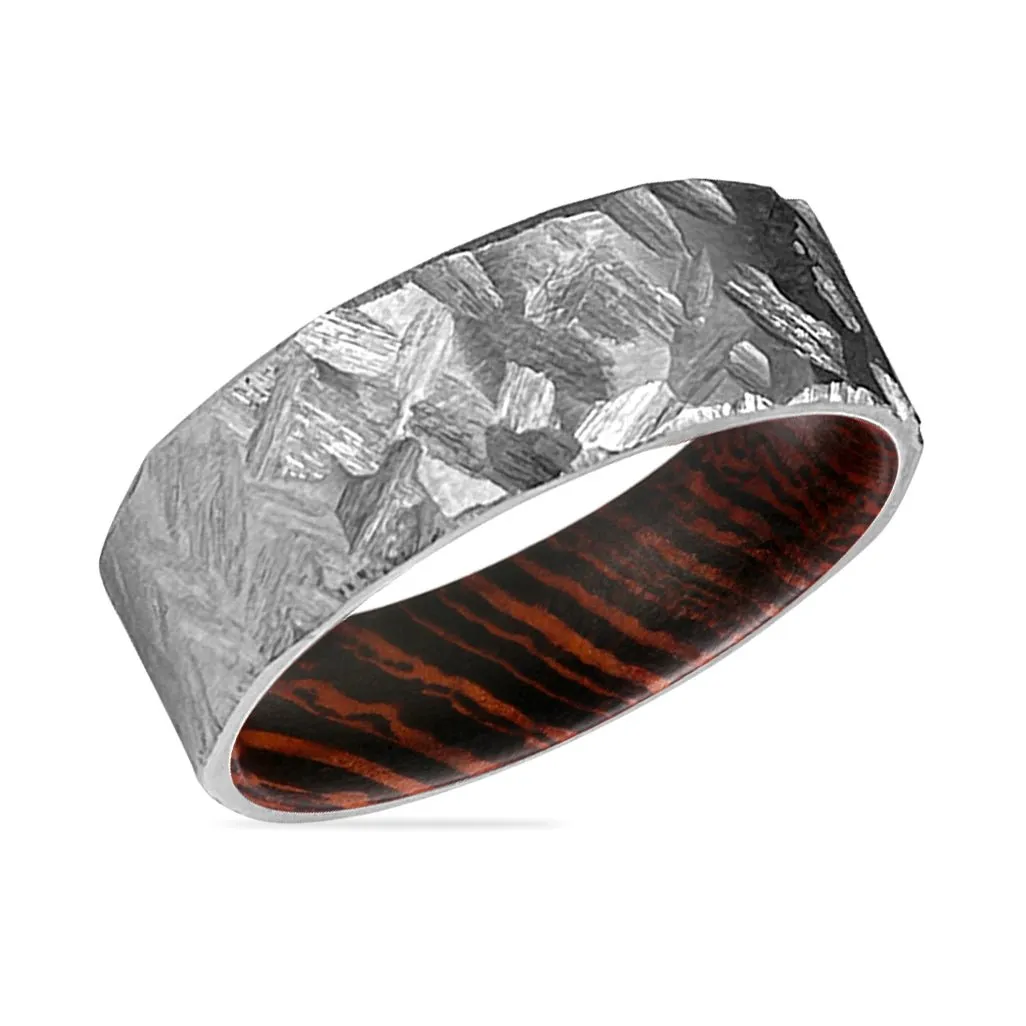 MEADOW | Wenge Wood, Silver Titanium Ring, Hammered, Flat